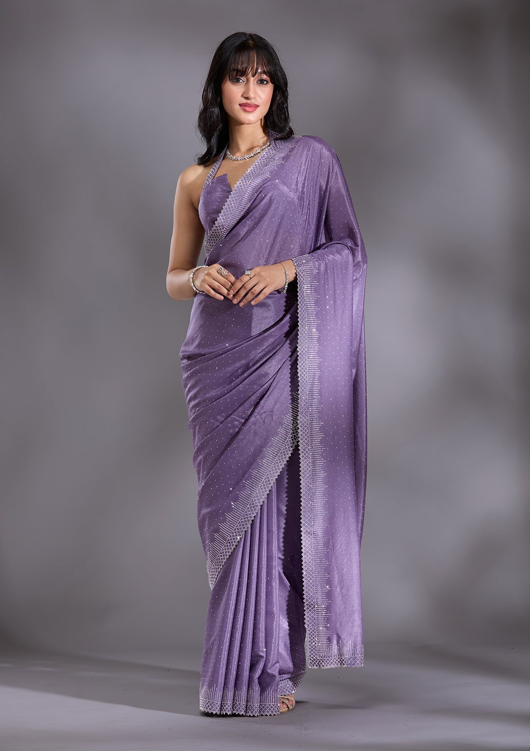Women's Heavy Satin silk Lavender Colors Siroski work Cut work Saree with