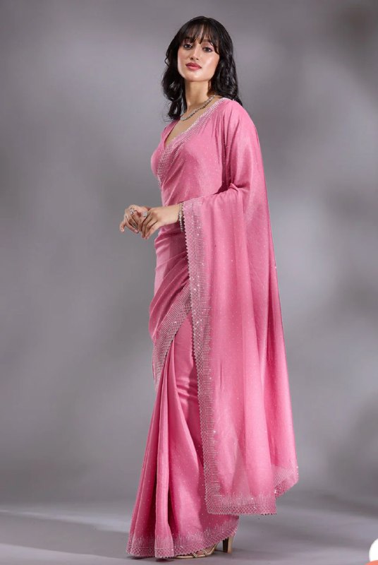 Women's Heavy Satin silk Lavender Colors Siroski work Cut work Saree