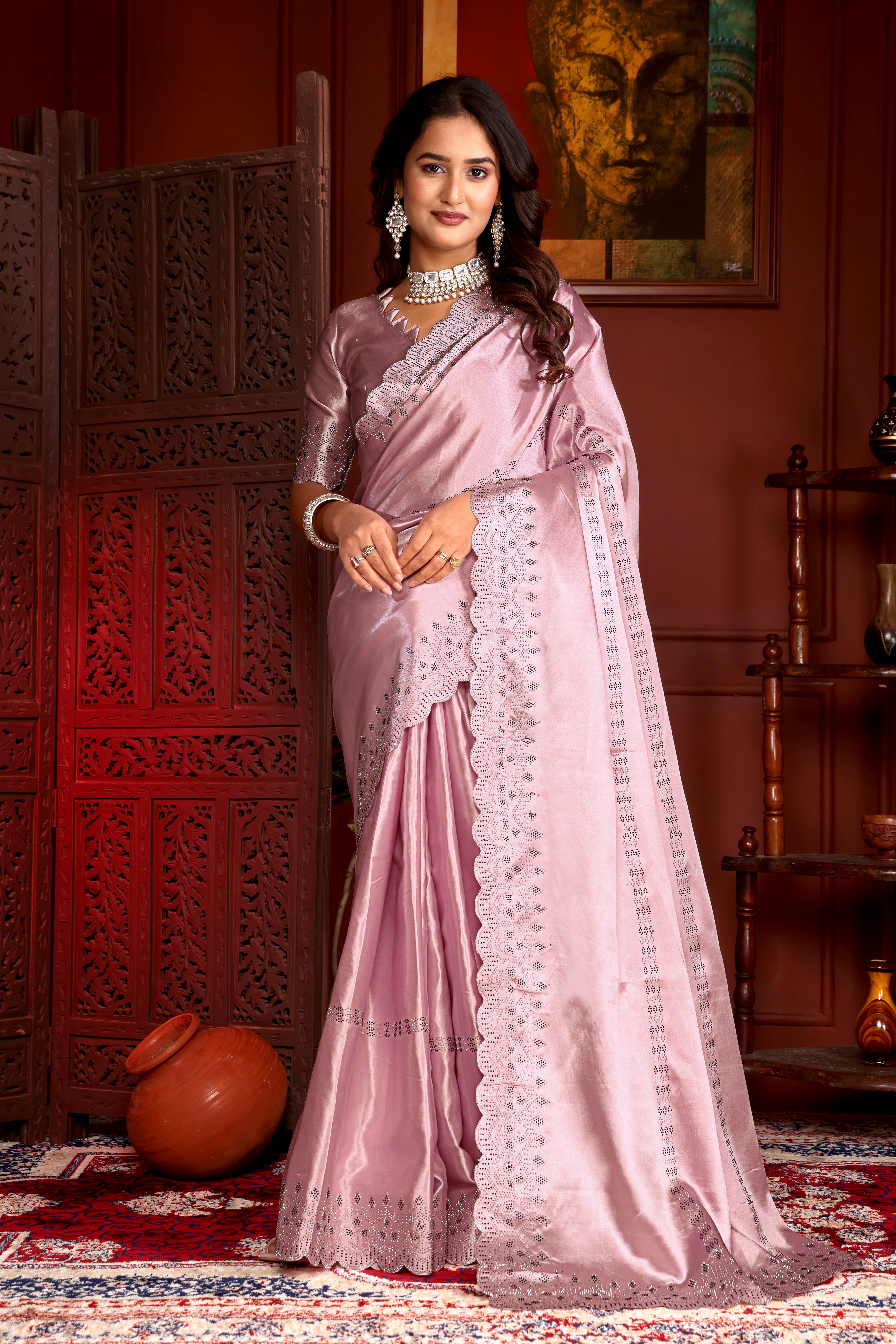 Premium Satin Silk Saree Siroski Stone Work with Cut Work Border  k-1-pistal pink full  medeling