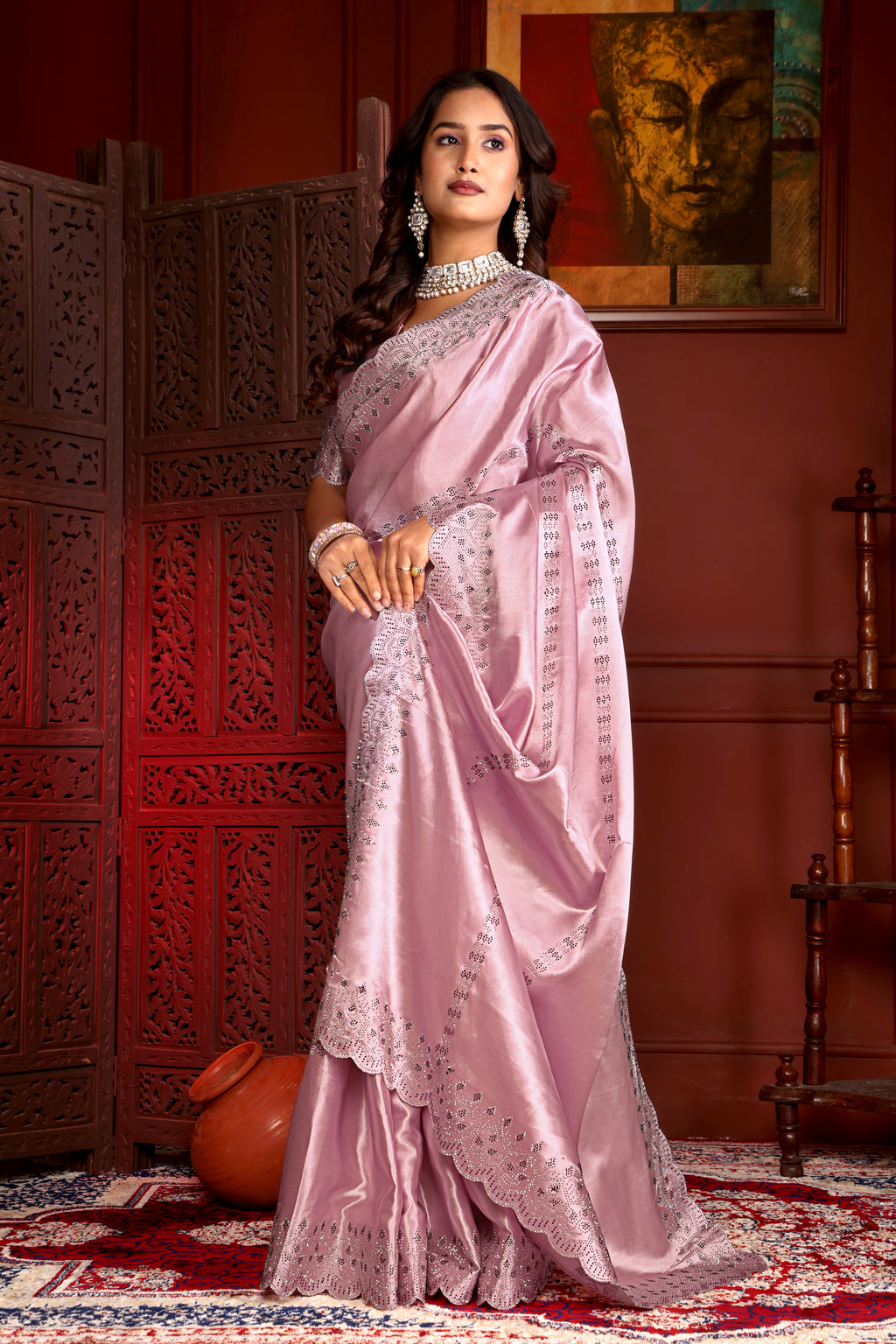Premium Satin Silk Saree Siroski Stone Work with Cut Work Border  k-1-pistal pink full  medeling