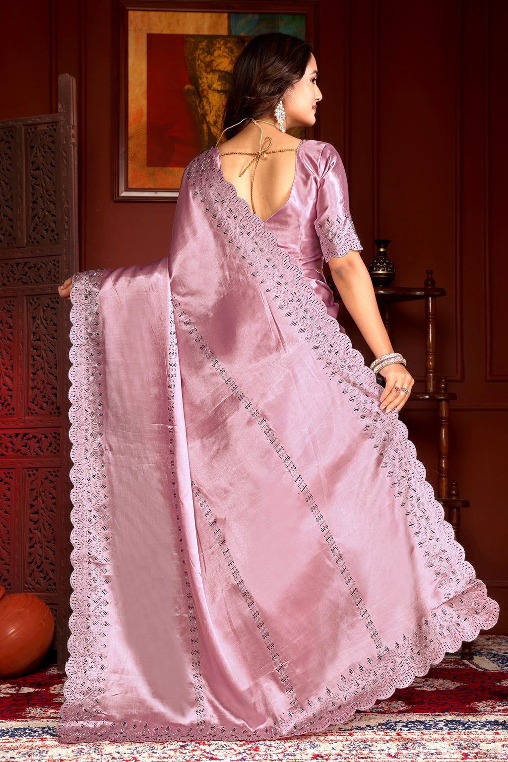 Premium Satin Silk Saree Siroski Stone Work with Cut Work Border  k-1-pistal pink full  medeling