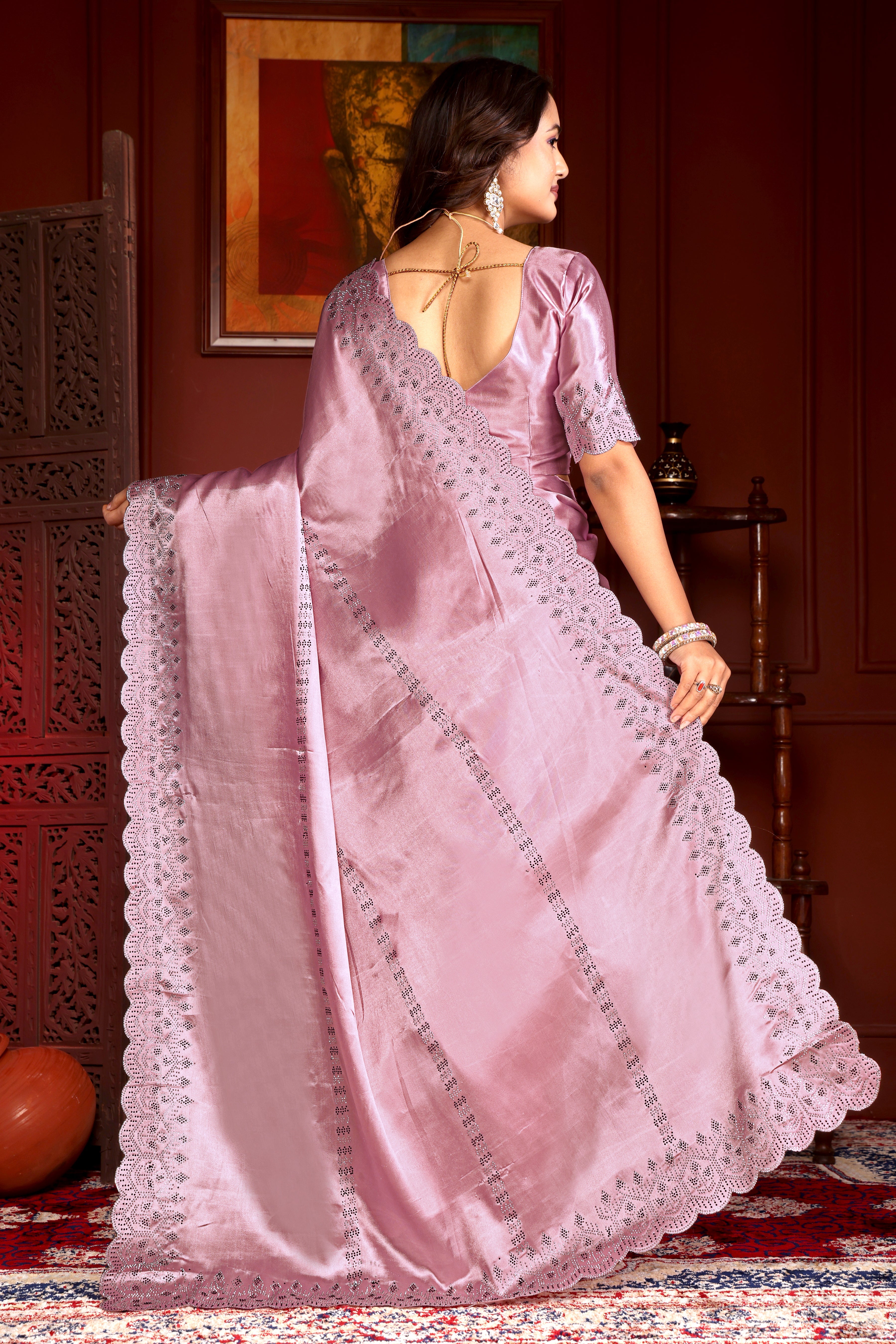 Premium Satin Silk Saree Siroski Stone Work with Cut Work Border  k-1-pistal pink full  medeling