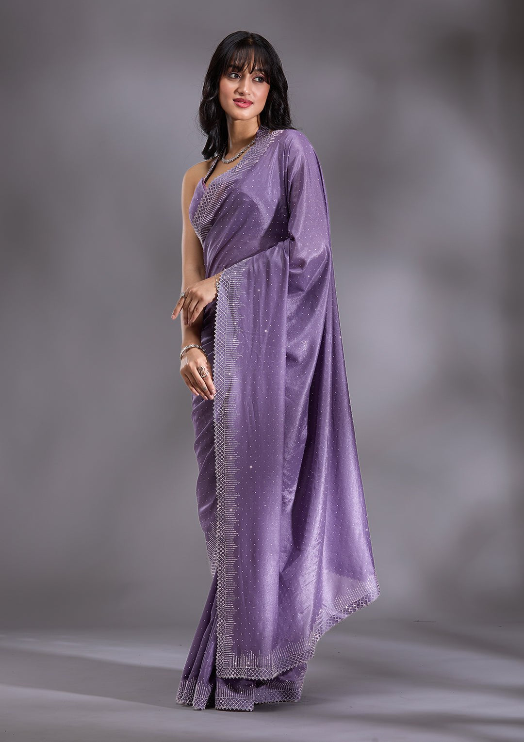 Women's Heavy Satin silk Lavender Colors Siroski work Cut work Saree with
