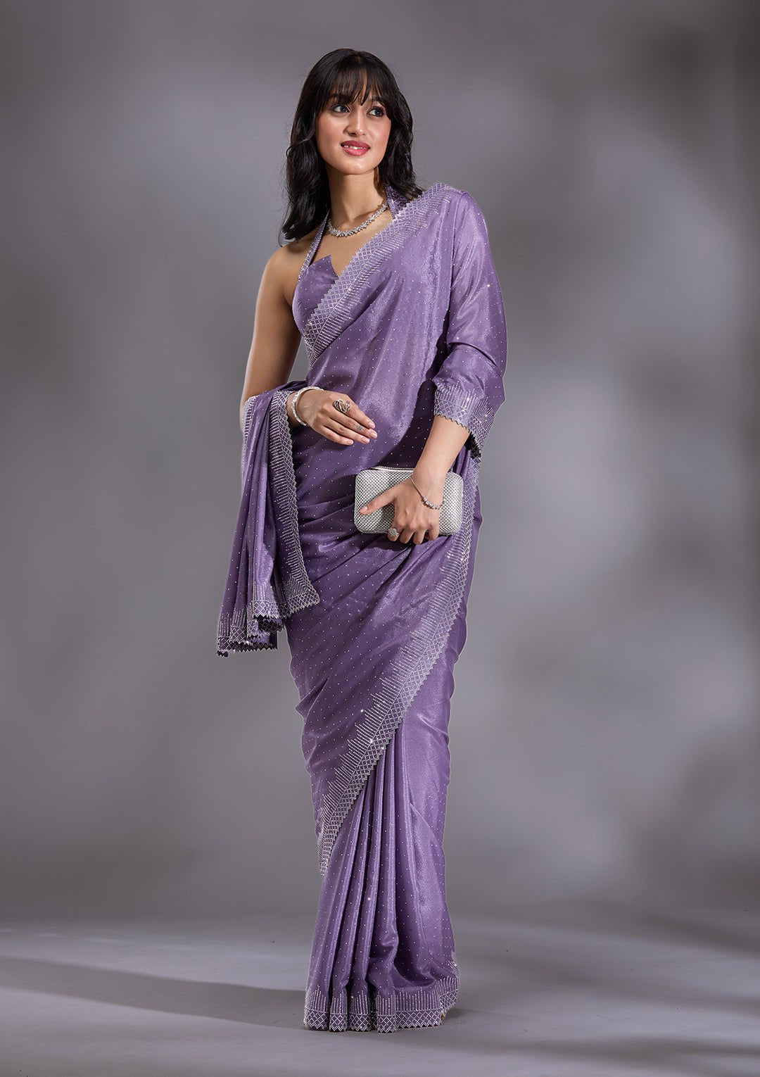 Women's Heavy Satin silk Lavender Colors Siroski work Cut work Saree with