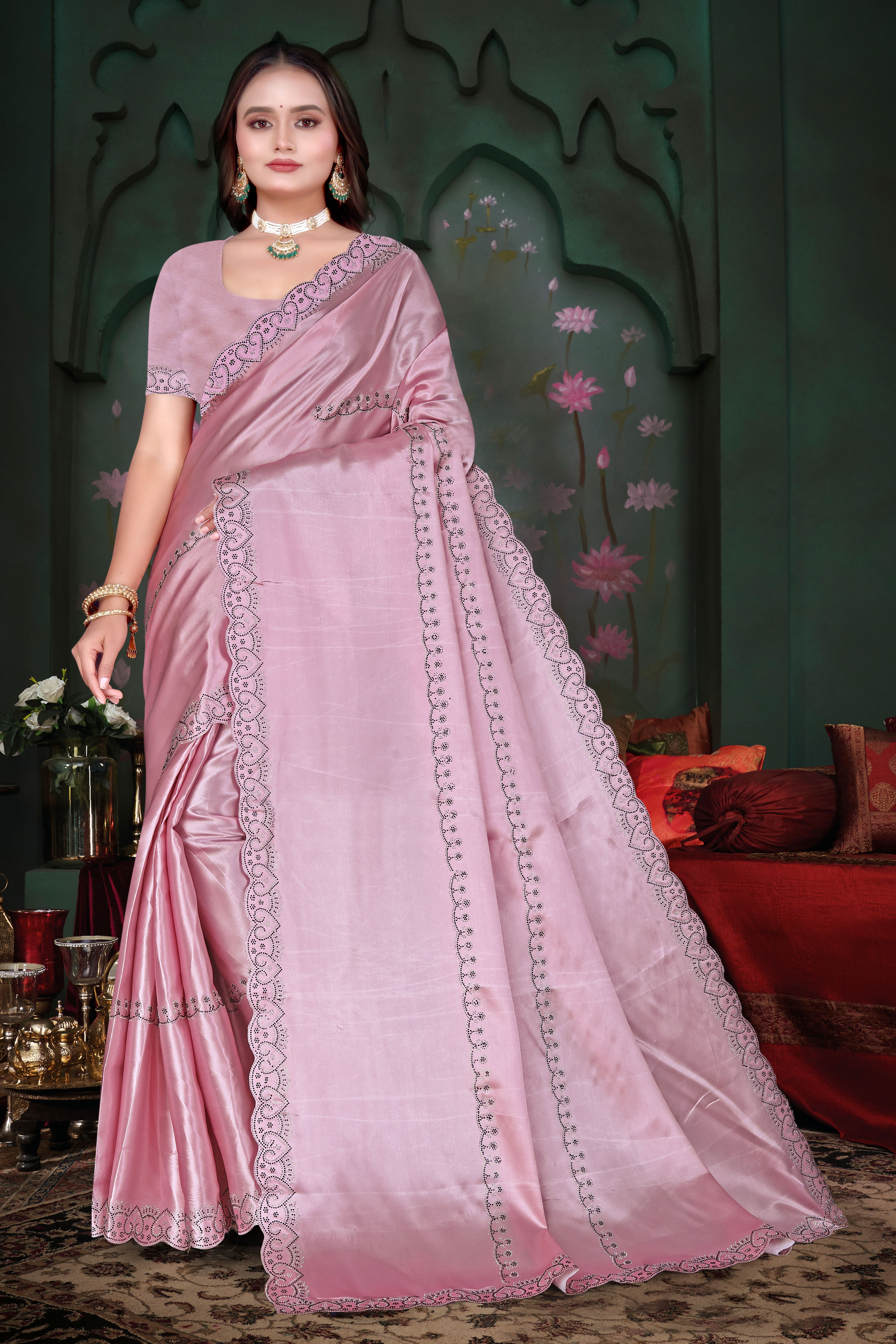 Satin Silk Saree with Siroski Stone Work & Cut Work – Party Wear Saree K-1-hart pistal pink