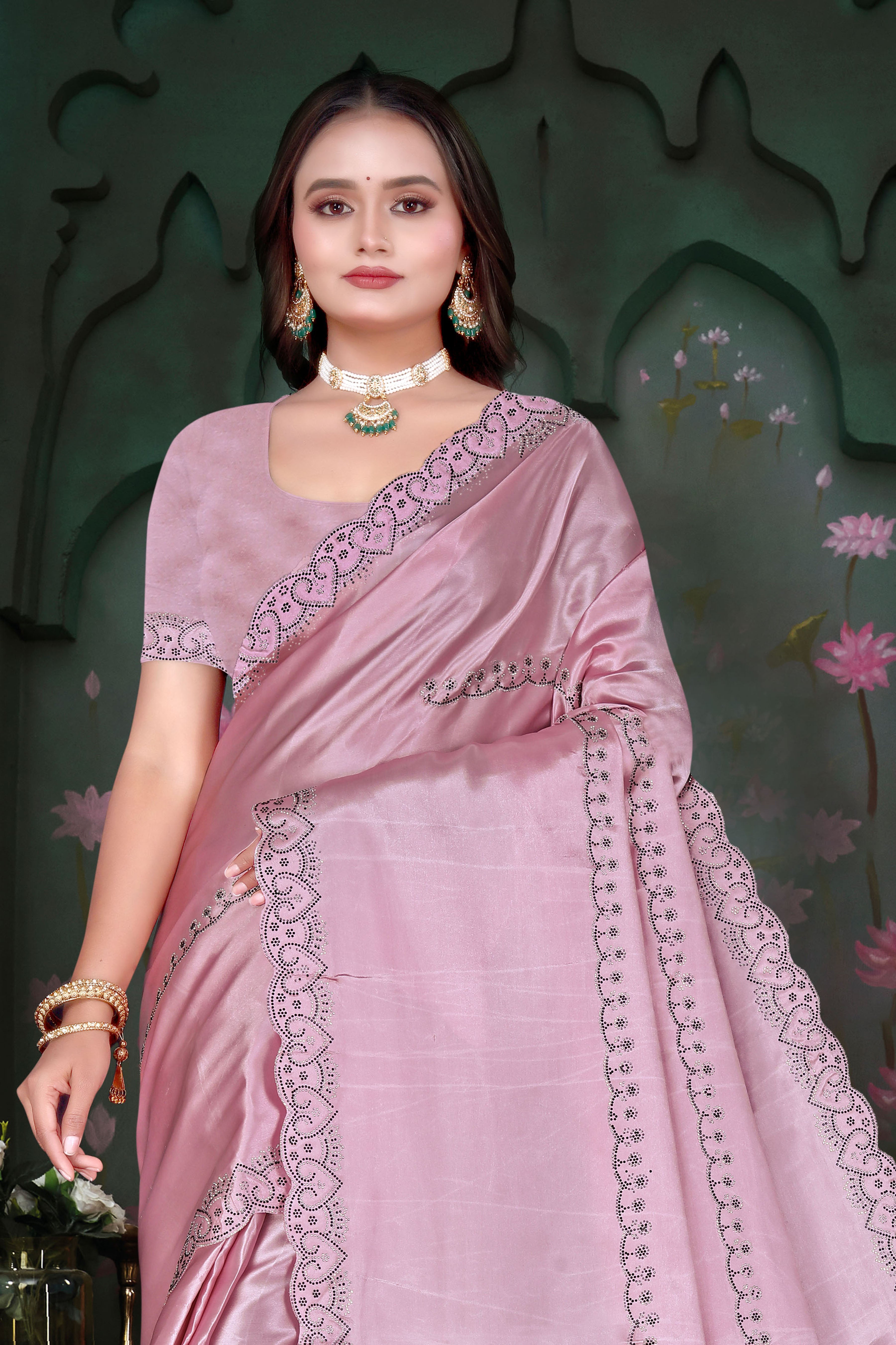 Satin Silk Saree with Siroski Stone Work & Cut Work – Party Wear Saree K-1-hart pistal pink