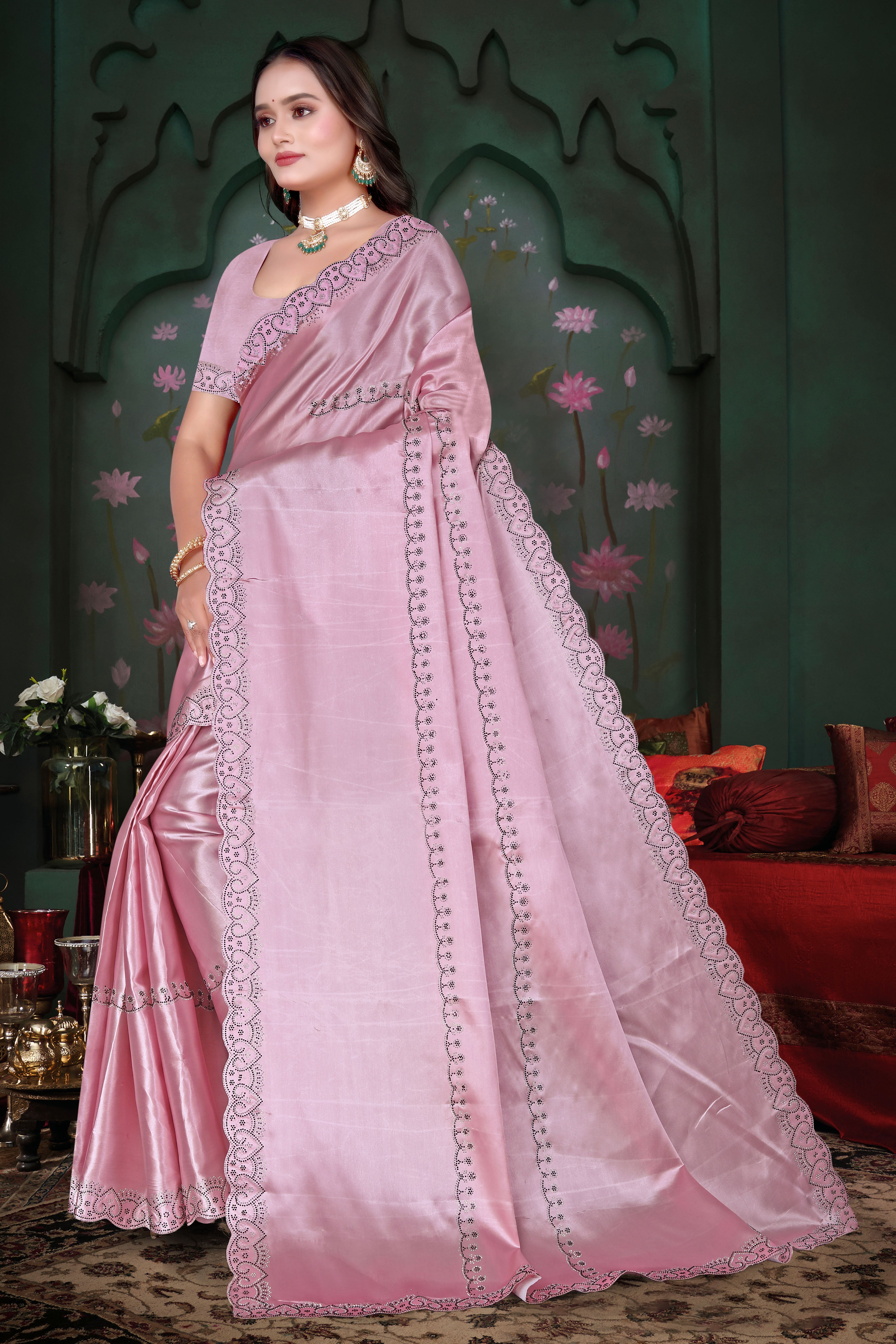 Satin Silk Saree with Siroski Stone Work & Cut Work – Party Wear Saree K-1-hart pistal pink