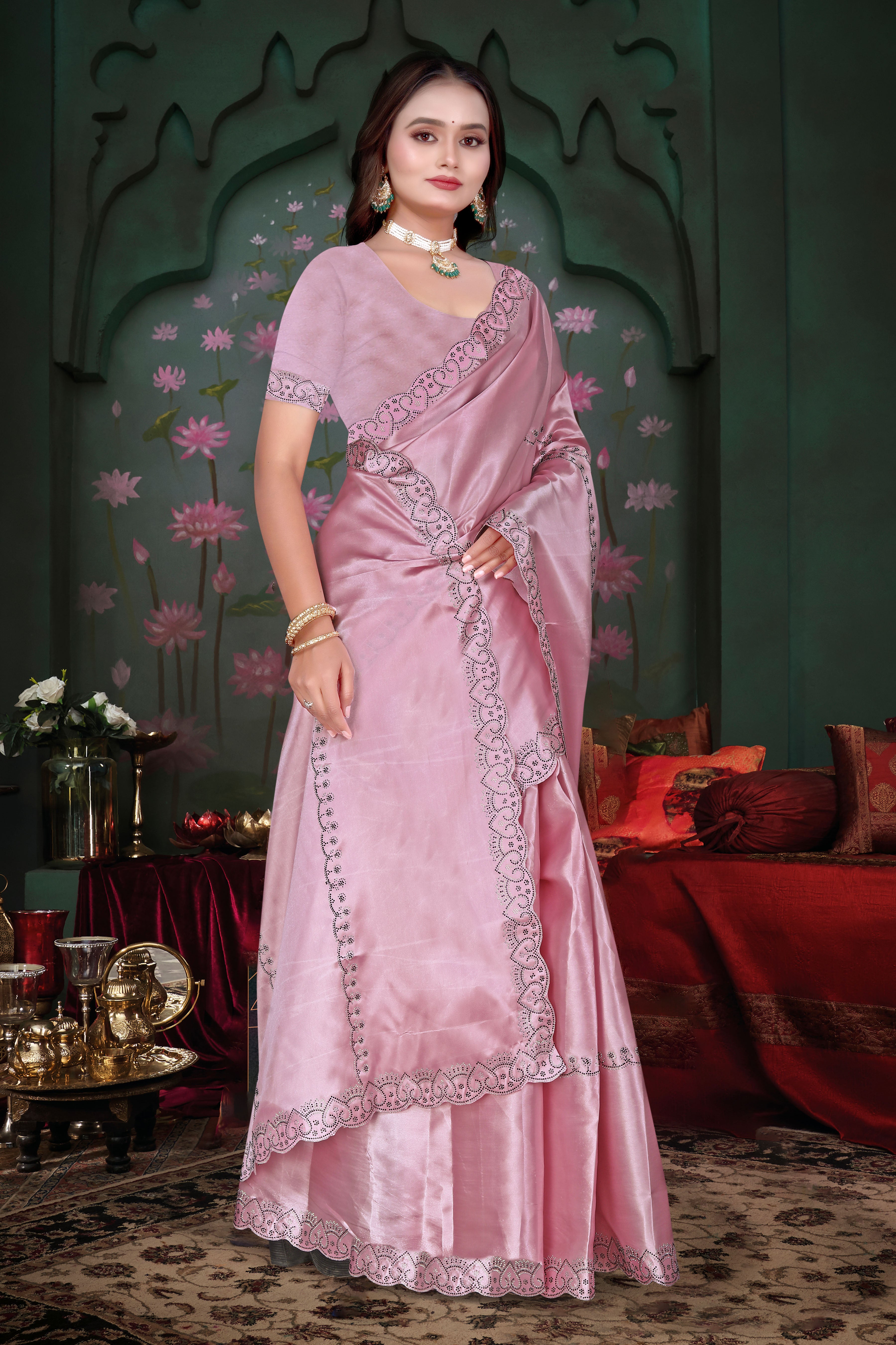 Satin Silk Saree with Siroski Stone Work & Cut Work – Party Wear Saree K-1-hart pistal pink