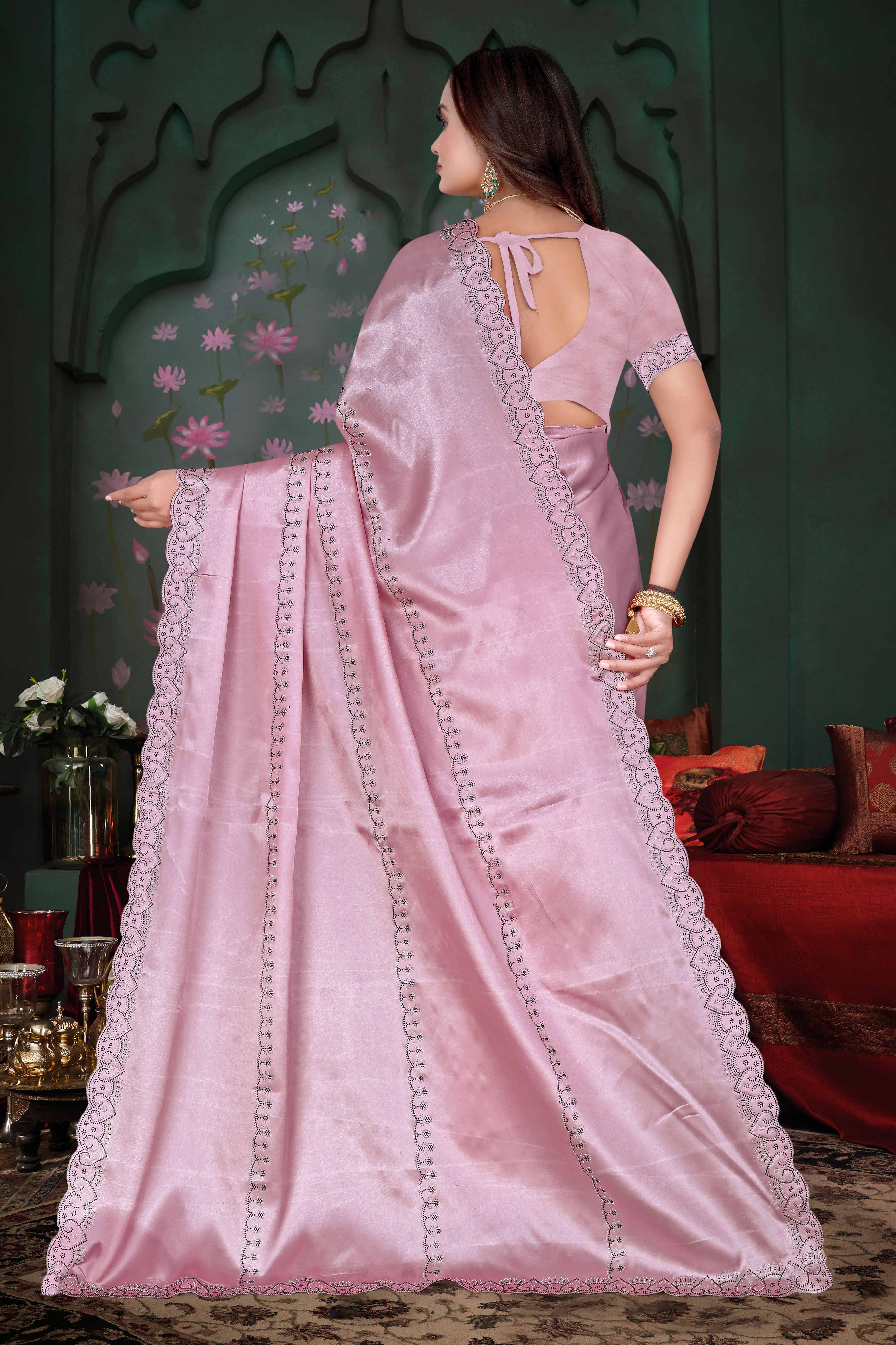 Satin Silk Saree with Siroski Stone Work & Cut Work – Party Wear Saree K-1-hart pistal pink