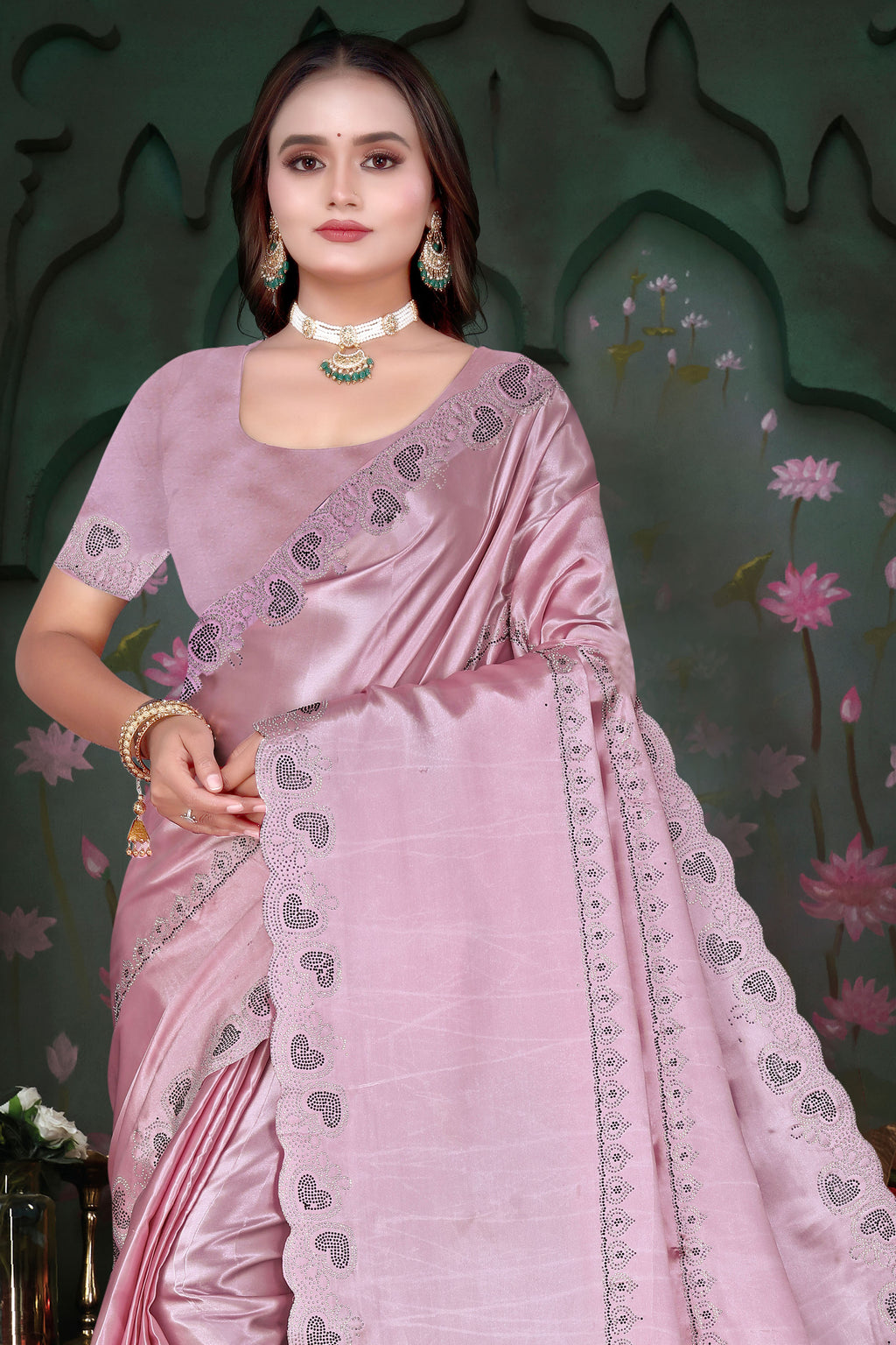Luxury Satin Silk Saree with Cut Work & Siroski Stones K-1-round Hart pistal pink
