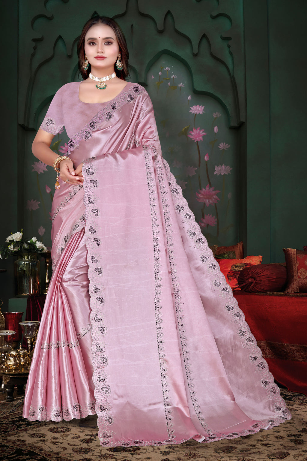 Luxury Satin Silk Saree with Cut Work & Siroski Stones K-1-round Hart pistal pink