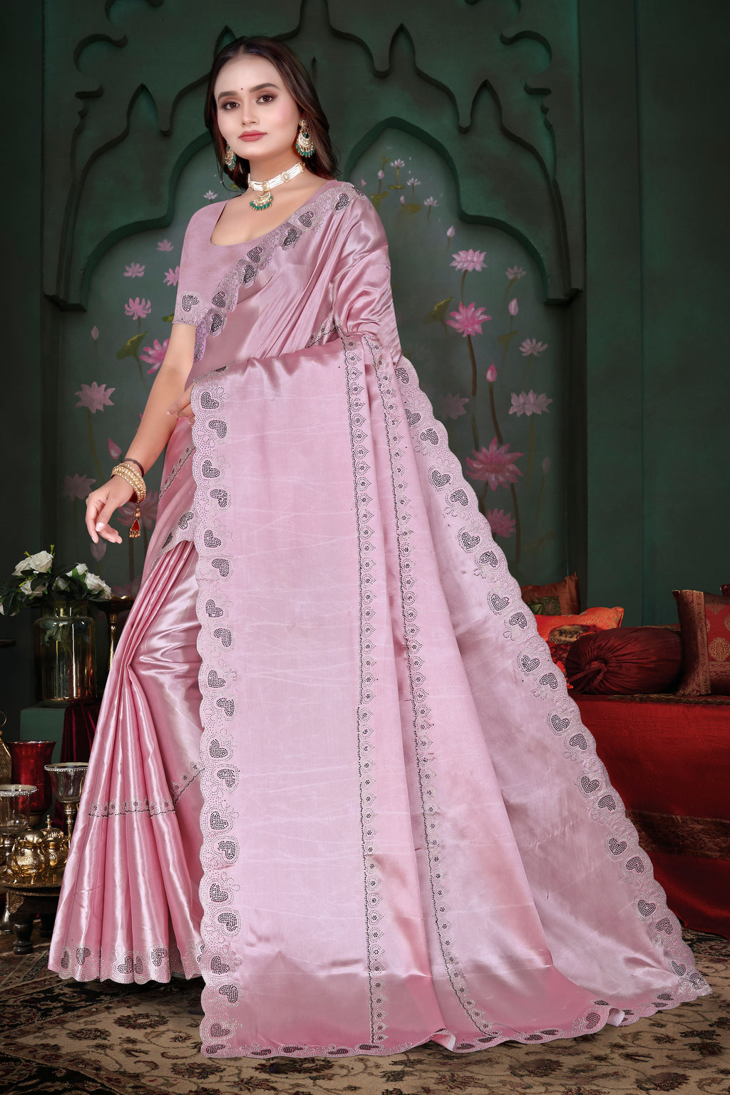 Luxury Satin Silk Saree with Cut Work & Siroski Stones K-1-round Hart pistal pink