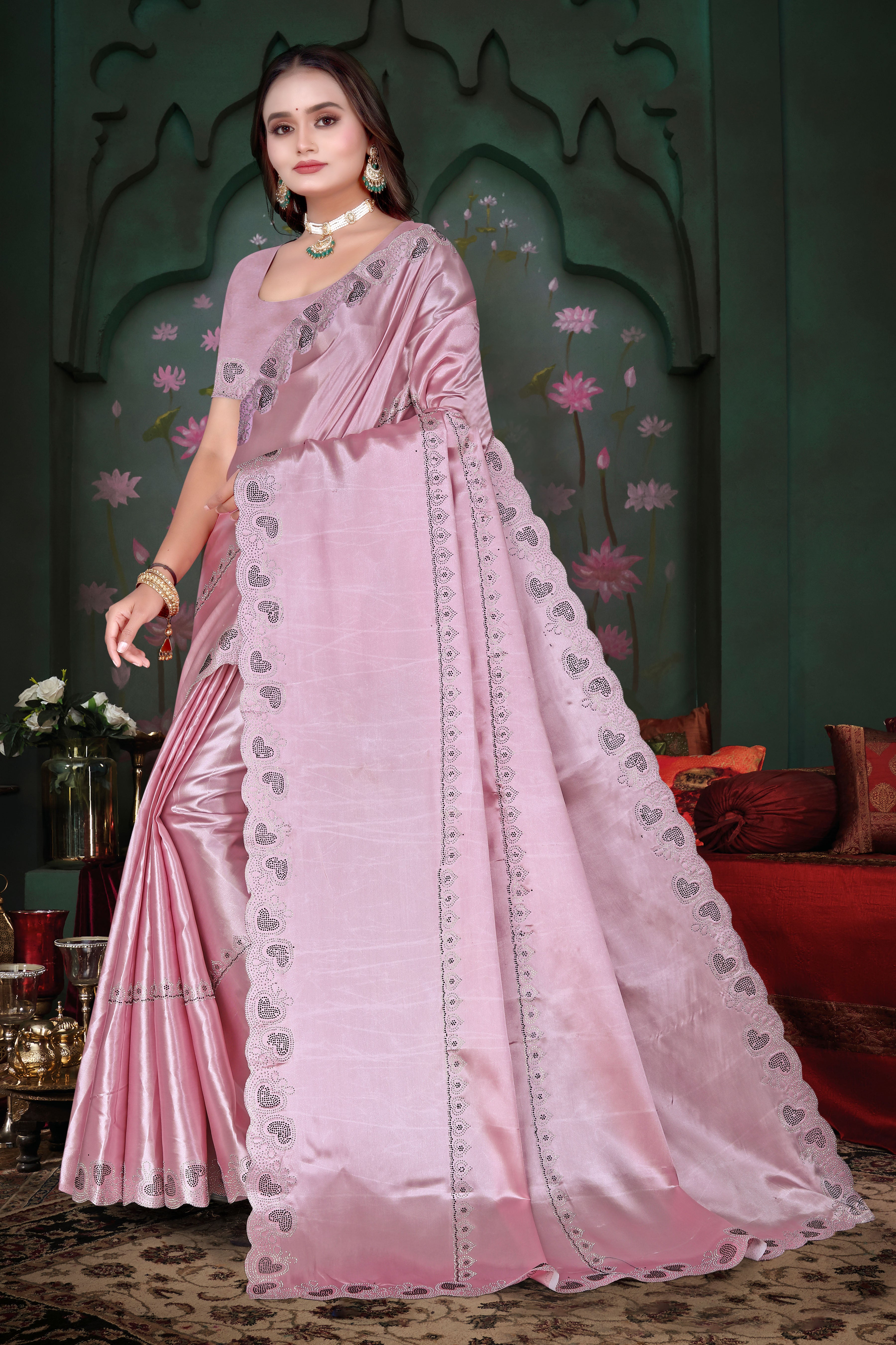 Luxury Satin Silk Saree with Cut Work & Siroski Stones K-1-round Hart pistal pink