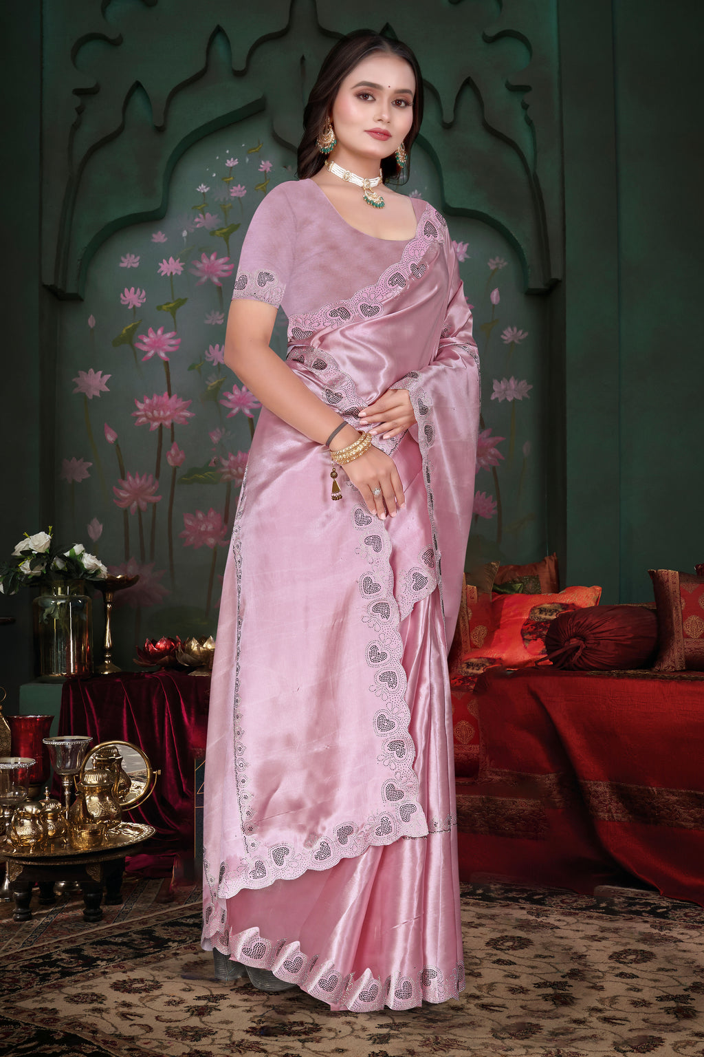 Luxury Satin Silk Saree with Cut Work & Siroski Stones K-1-round Hart pistal pink