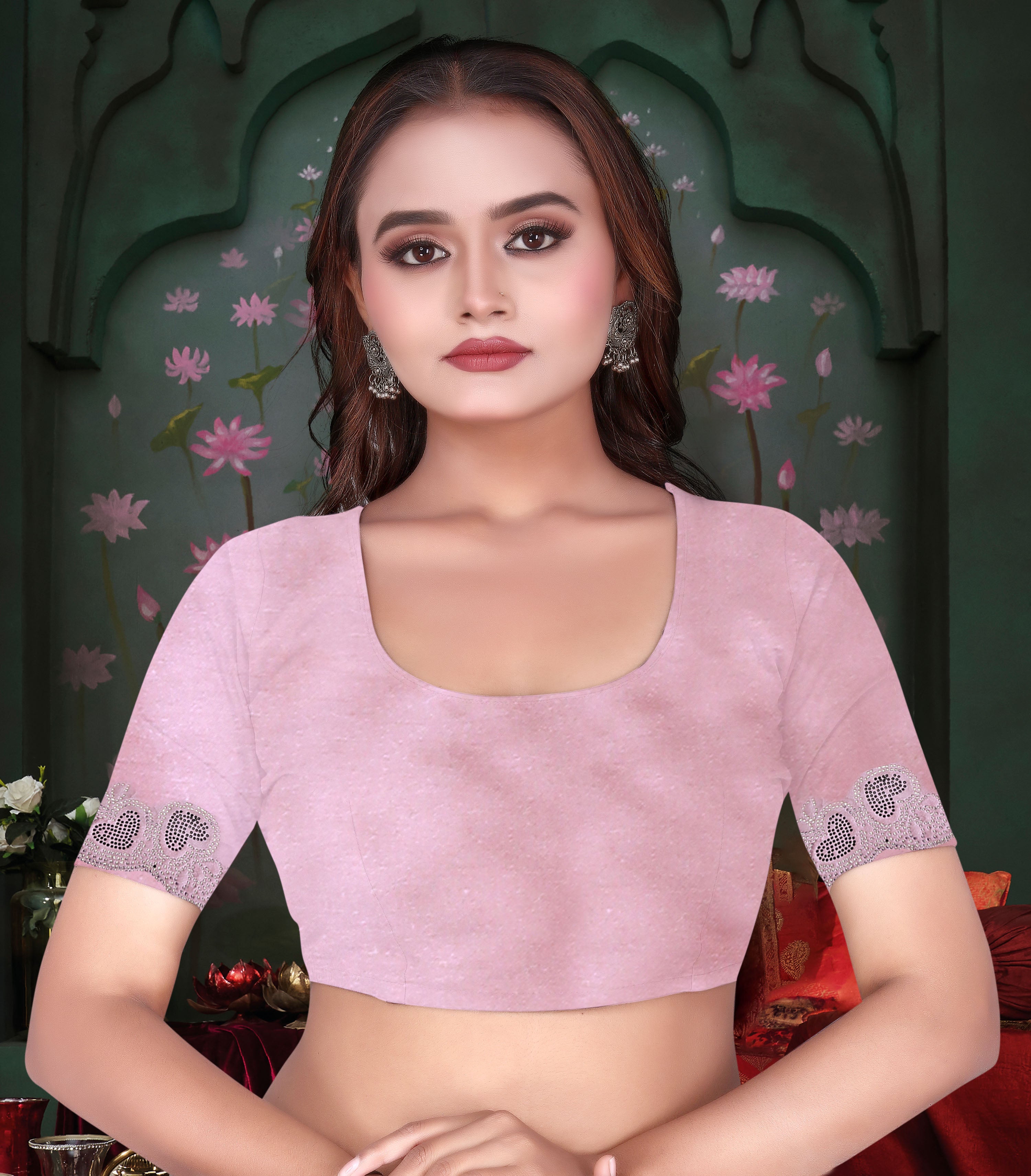 Luxury Satin Silk Saree with Cut Work & Siroski Stones K-1-round Hart pistal pink