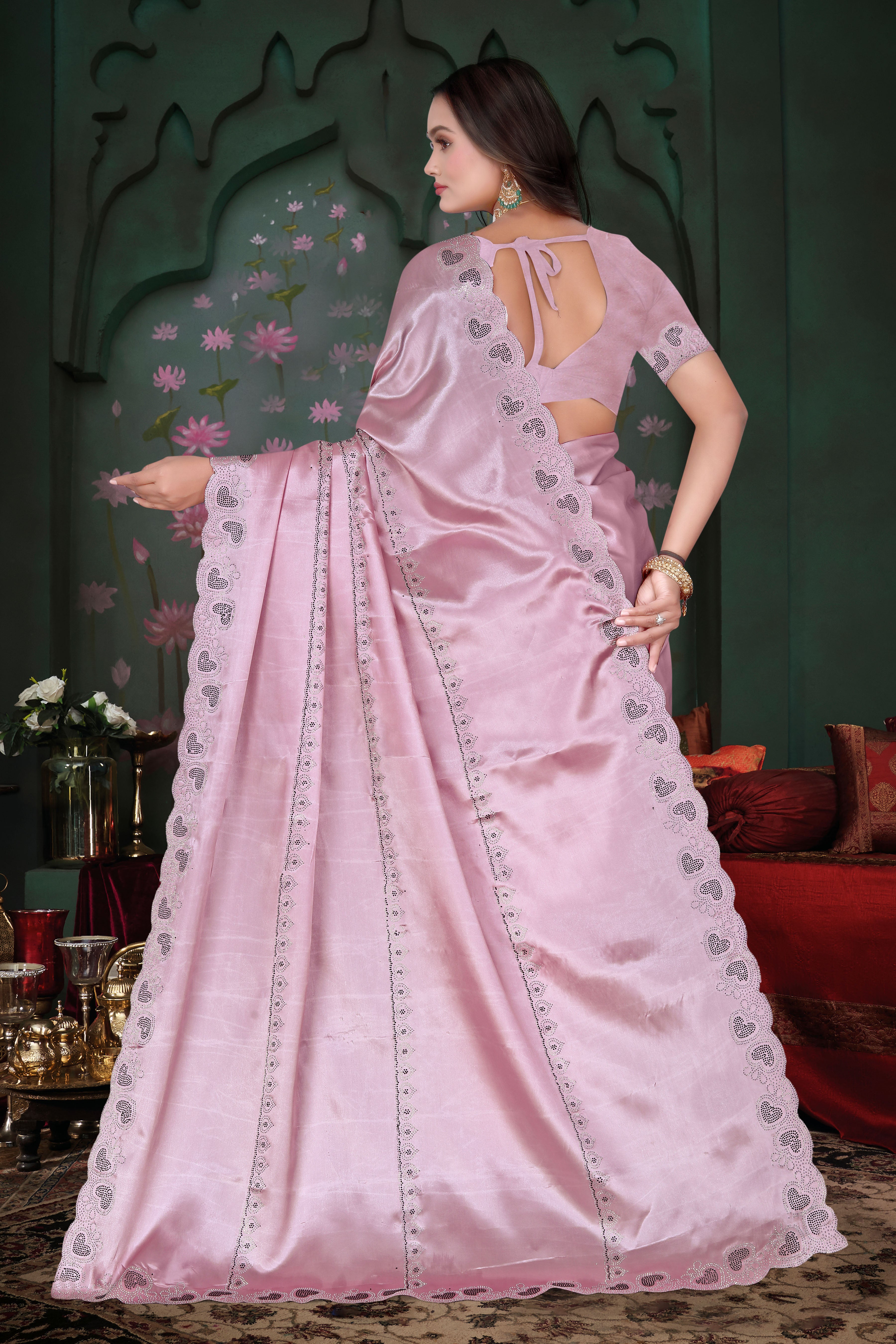 Luxury Satin Silk Saree with Cut Work & Siroski Stones K-1-round Hart pistal pink