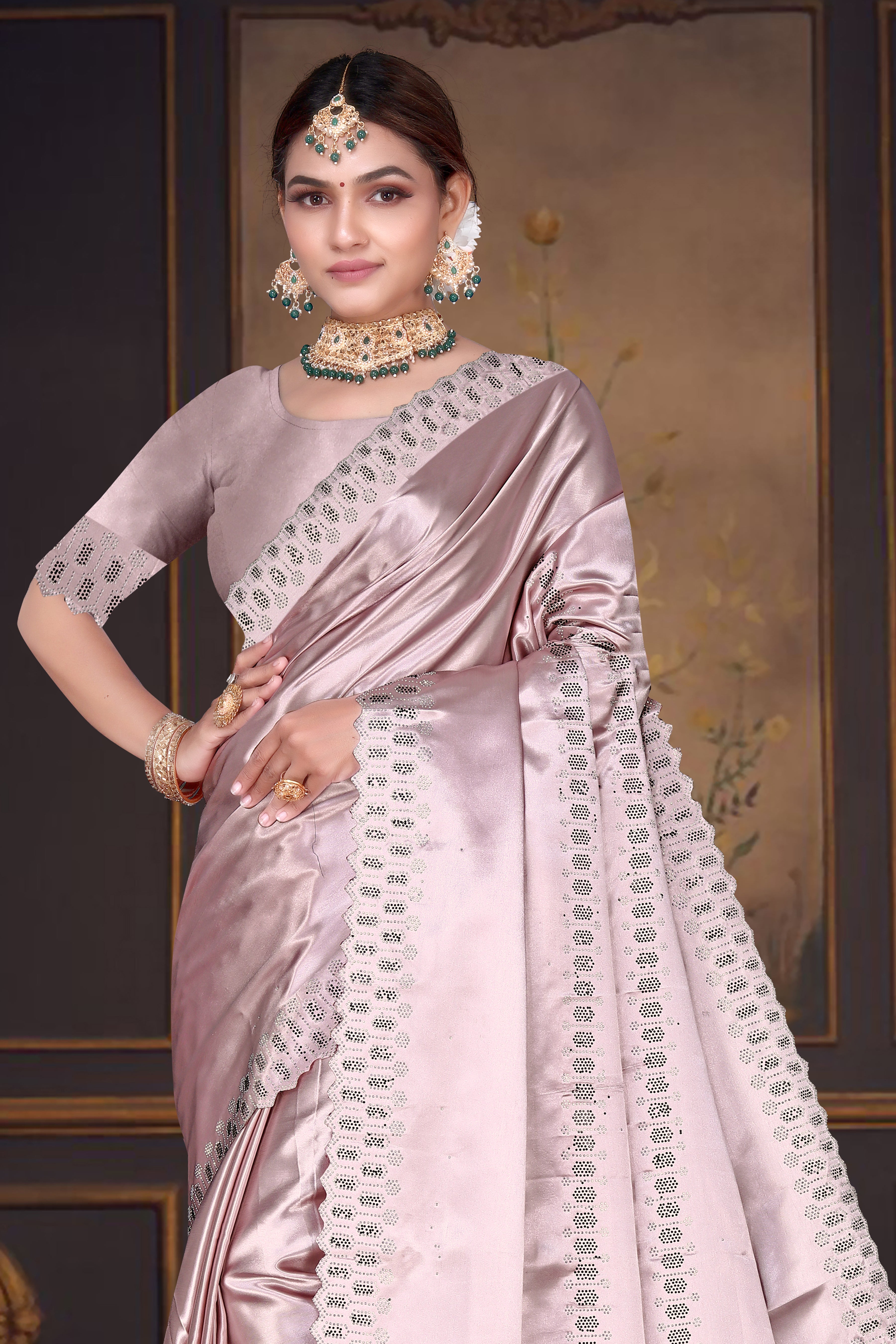 Women's Satin Slub Silk Purple Color with Siroski work Saree with Cut Work