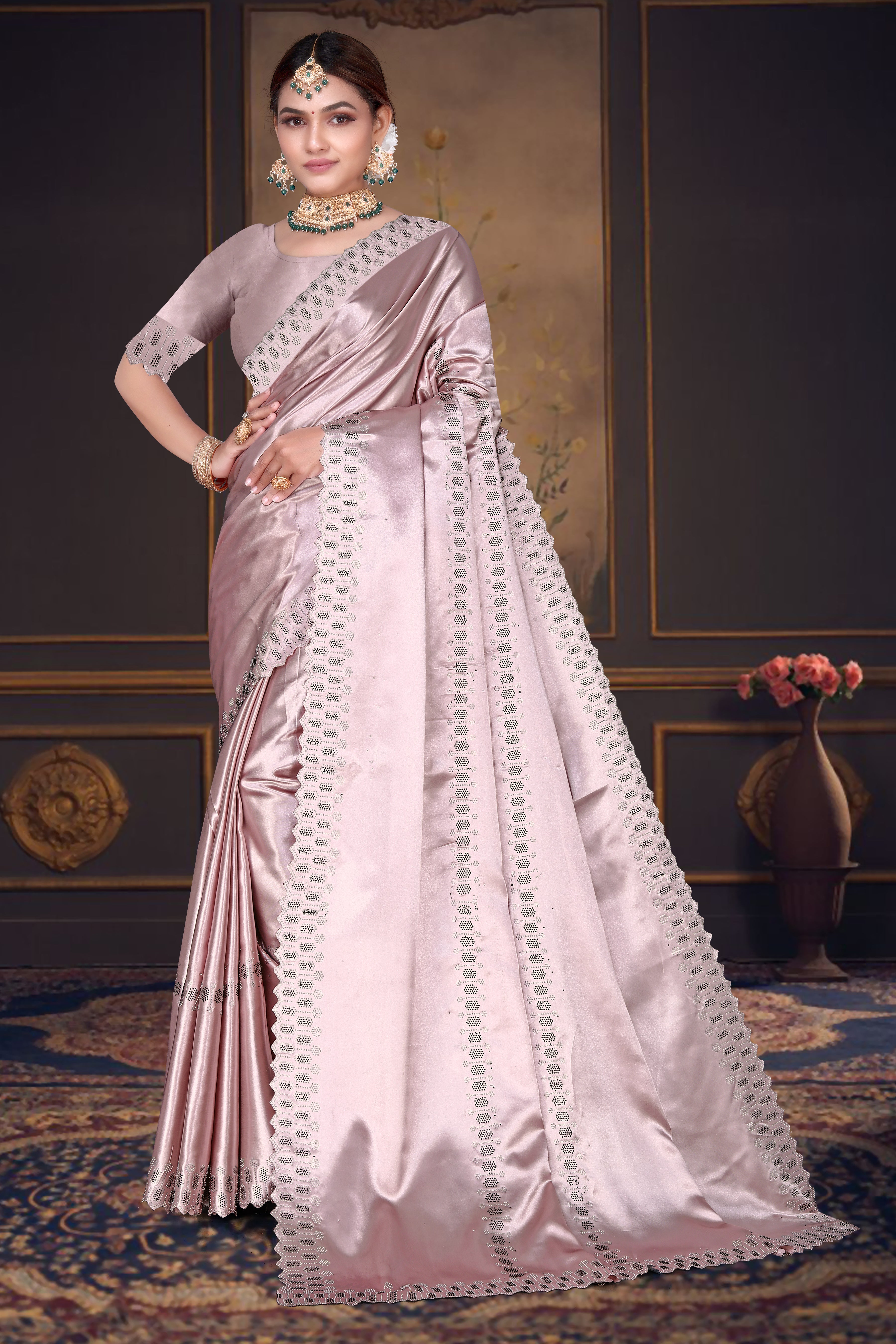 Women's Satin Slub Silk Purple Color with Siroski work Saree with Cut Work