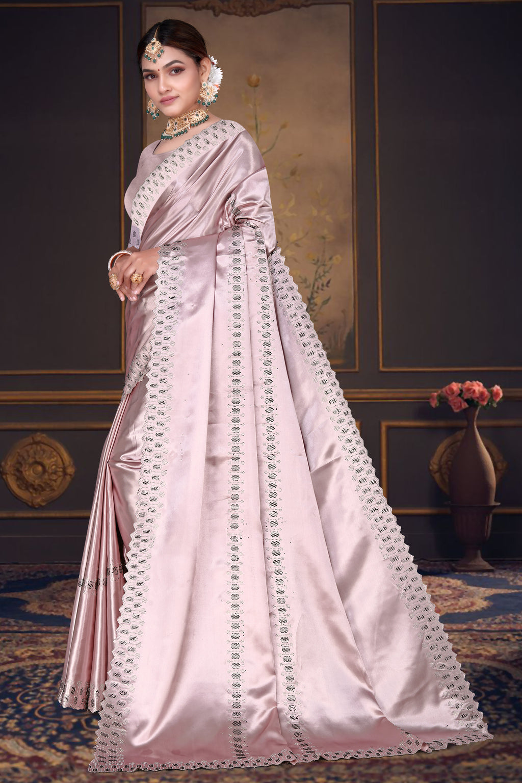 Women's Satin Slub Silk Purple Color with Siroski work Saree with Cut Work