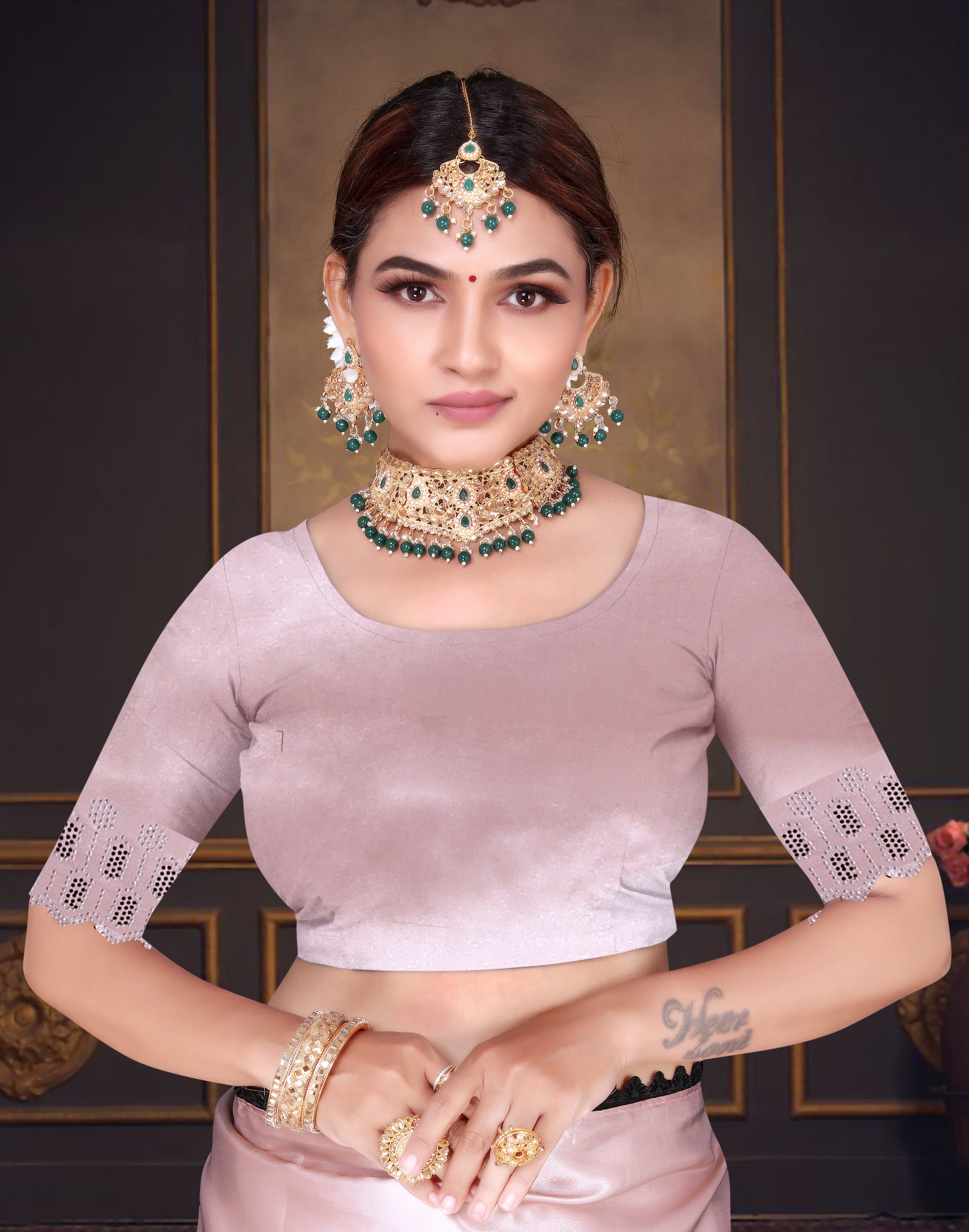 Women's Satin Slub Silk Purple Color with Siroski work Saree with Cut Work