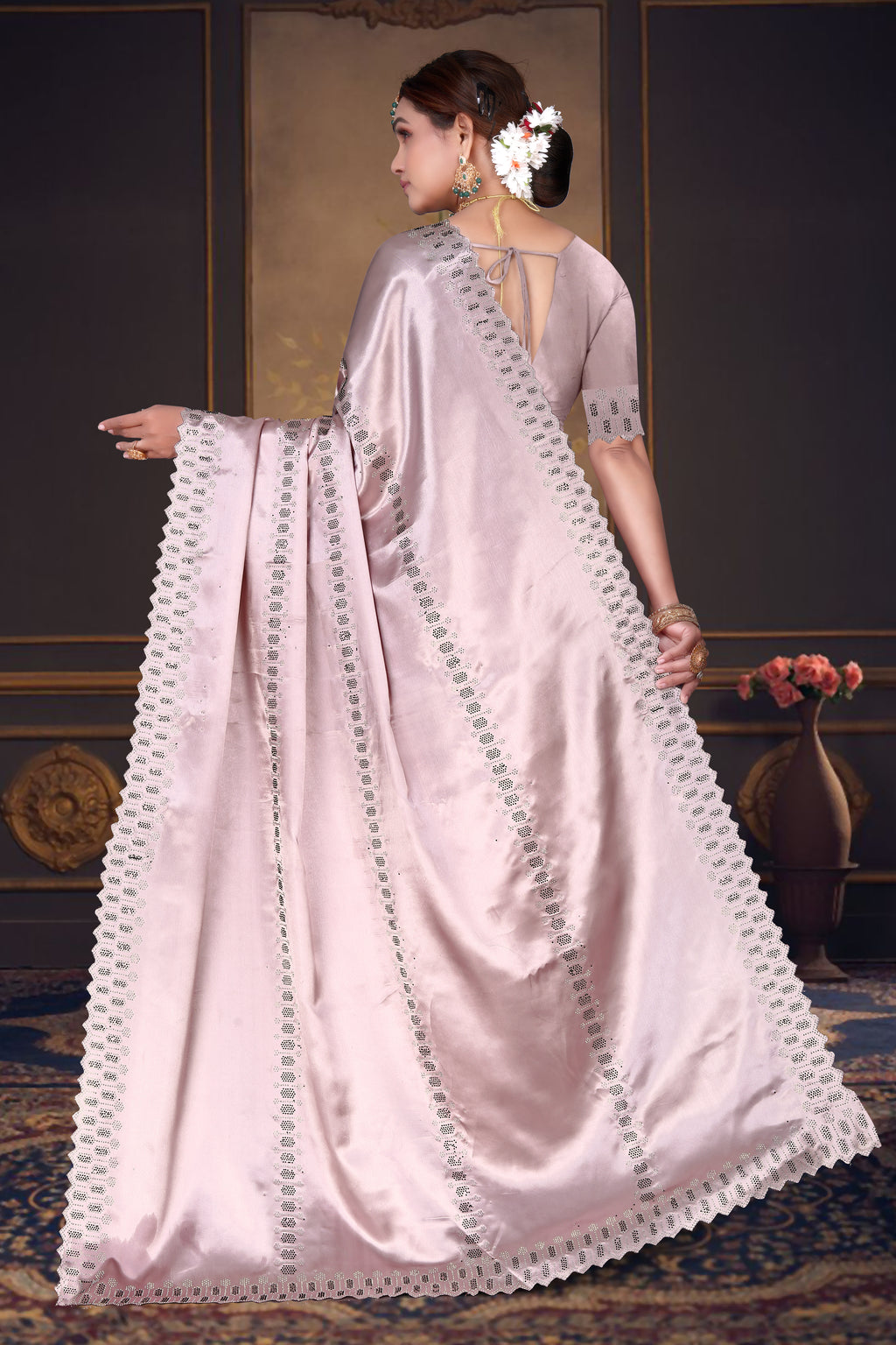 Women's Satin Slub Silk Purple Color with Siroski work Saree with Cut Work