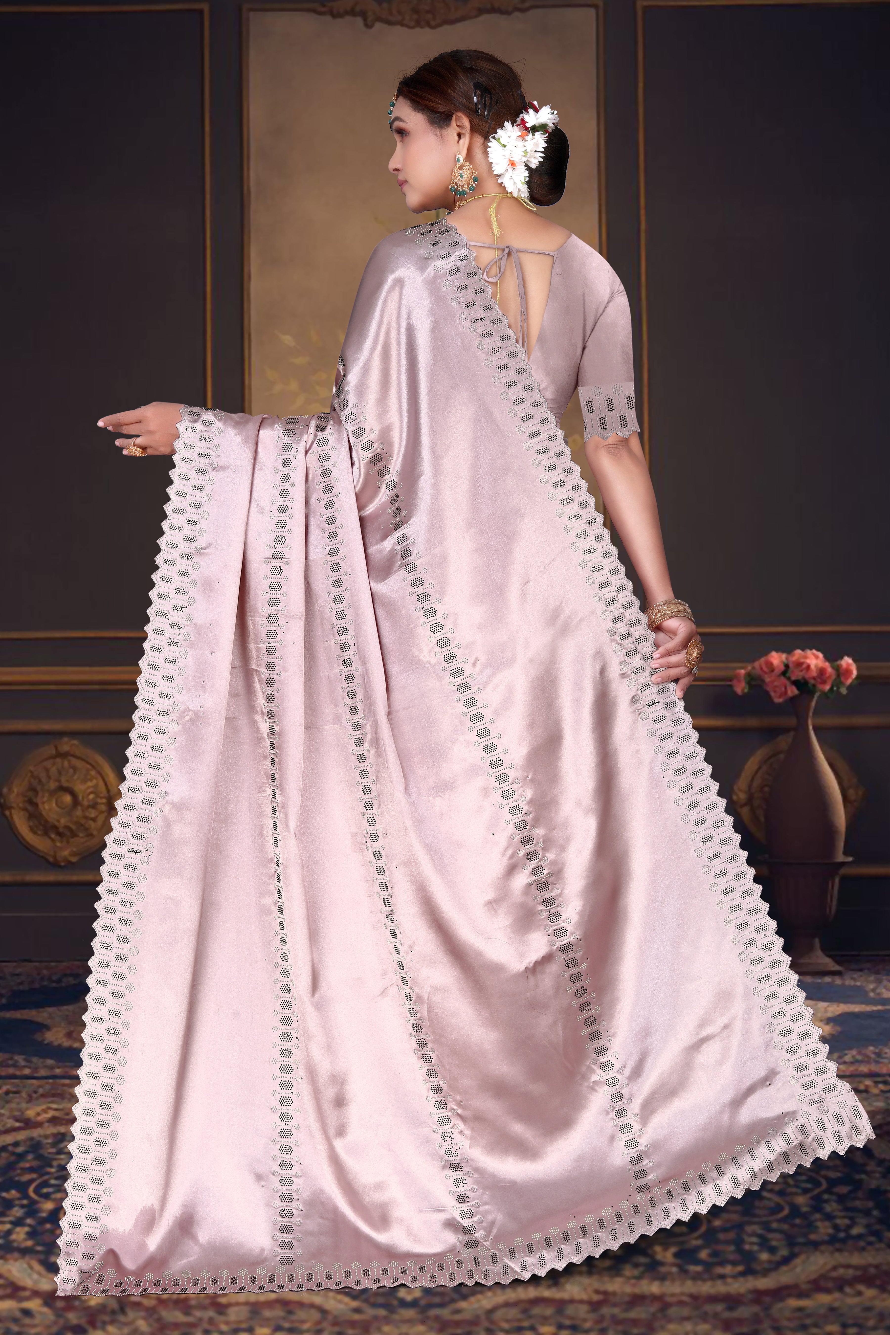 Women's Satin Slub Silk Purple Color with Siroski work Saree with Cut Work