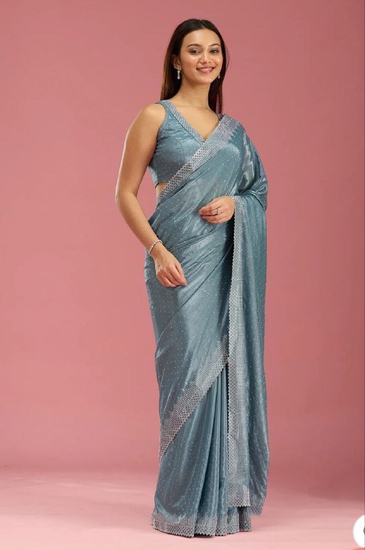 Women's Heavy Satin silk Lavender Colors Siroski work Cut work Saree with
