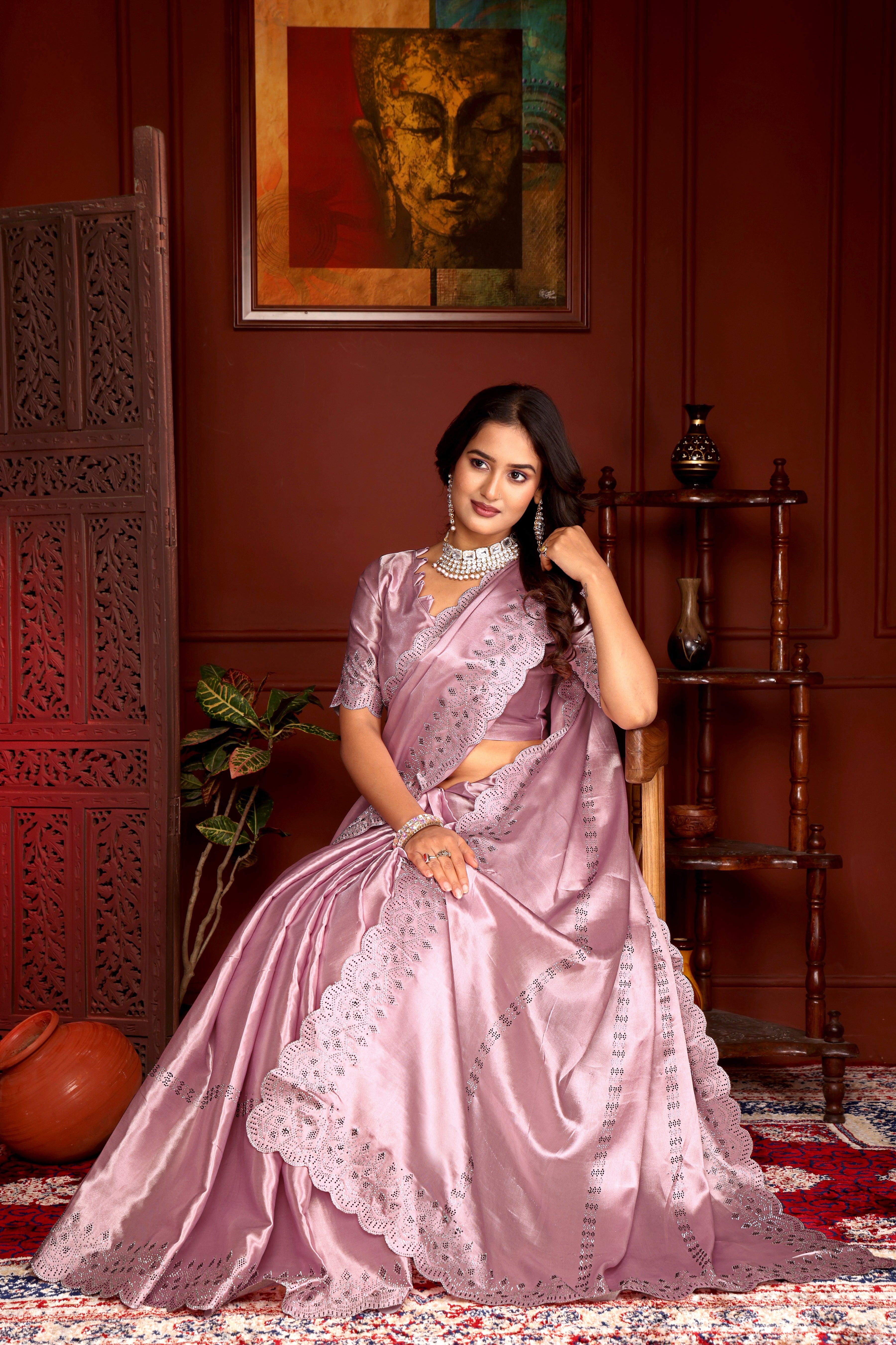 Premium Satin Silk Saree Siroski Stone Work with Cut Work Border  k-1-pistal pink full  medeling