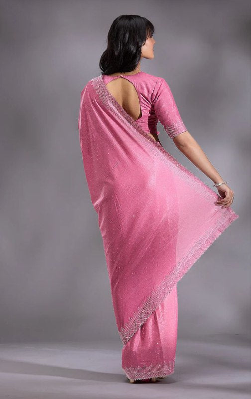 Women's Heavy Satin silk Lavender Colors Siroski work Cut work Saree