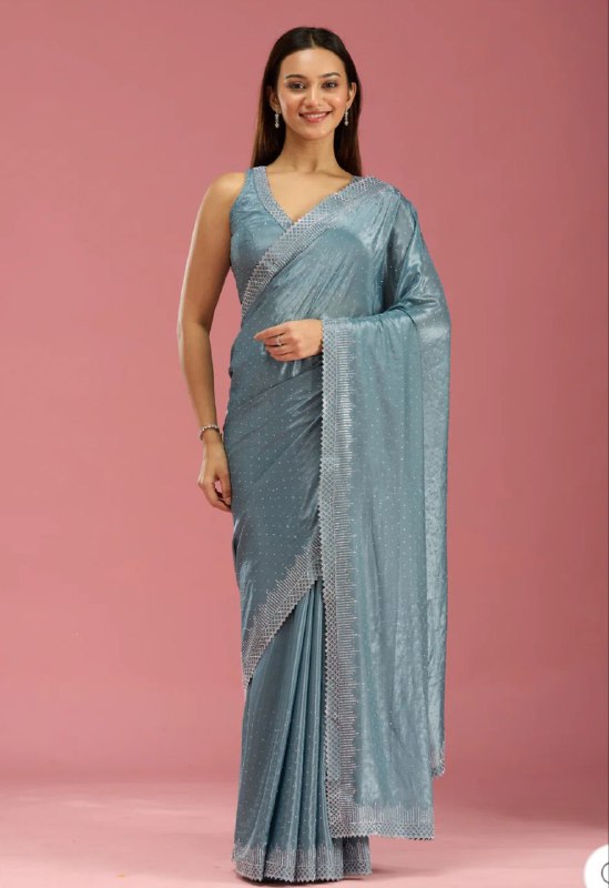 Women's Heavy Satin silk Lavender Colors Siroski work Cut work Saree with
