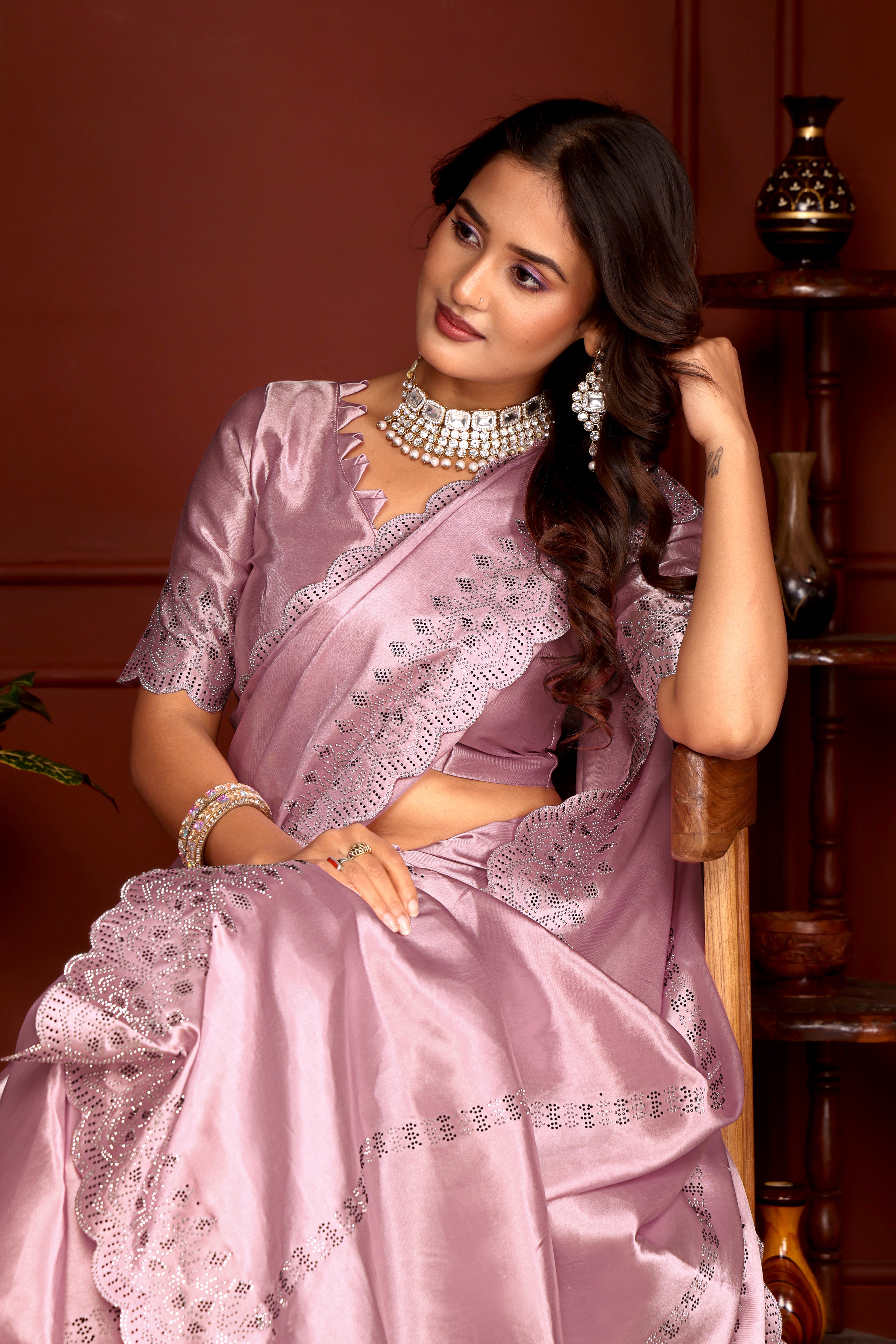 Premium Satin Silk Saree Siroski Stone Work with Cut Work Border  k-1-pistal pink full  medeling