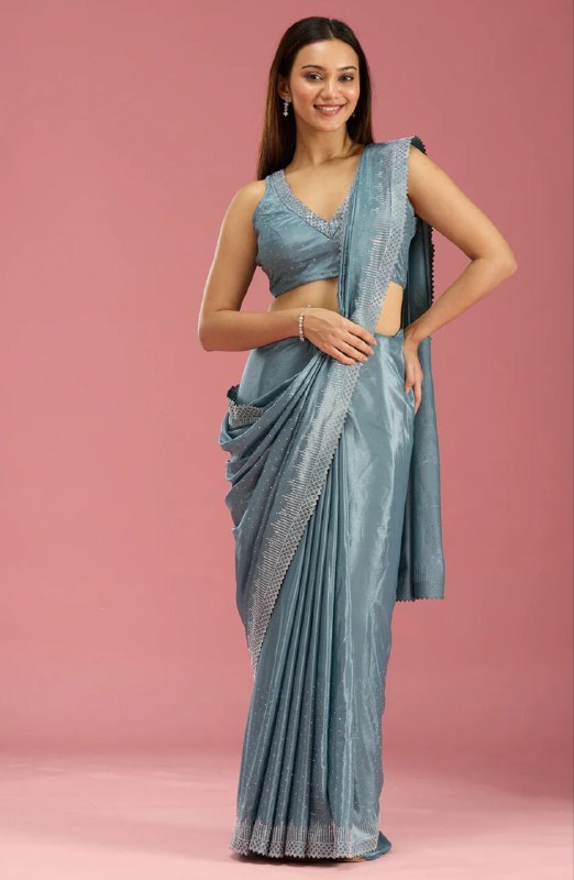 Women's Heavy Satin silk Lavender Colors Siroski work Cut work Saree with