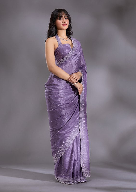 Women's Heavy Satin silk Lavender Colors Siroski work Cut work Saree with