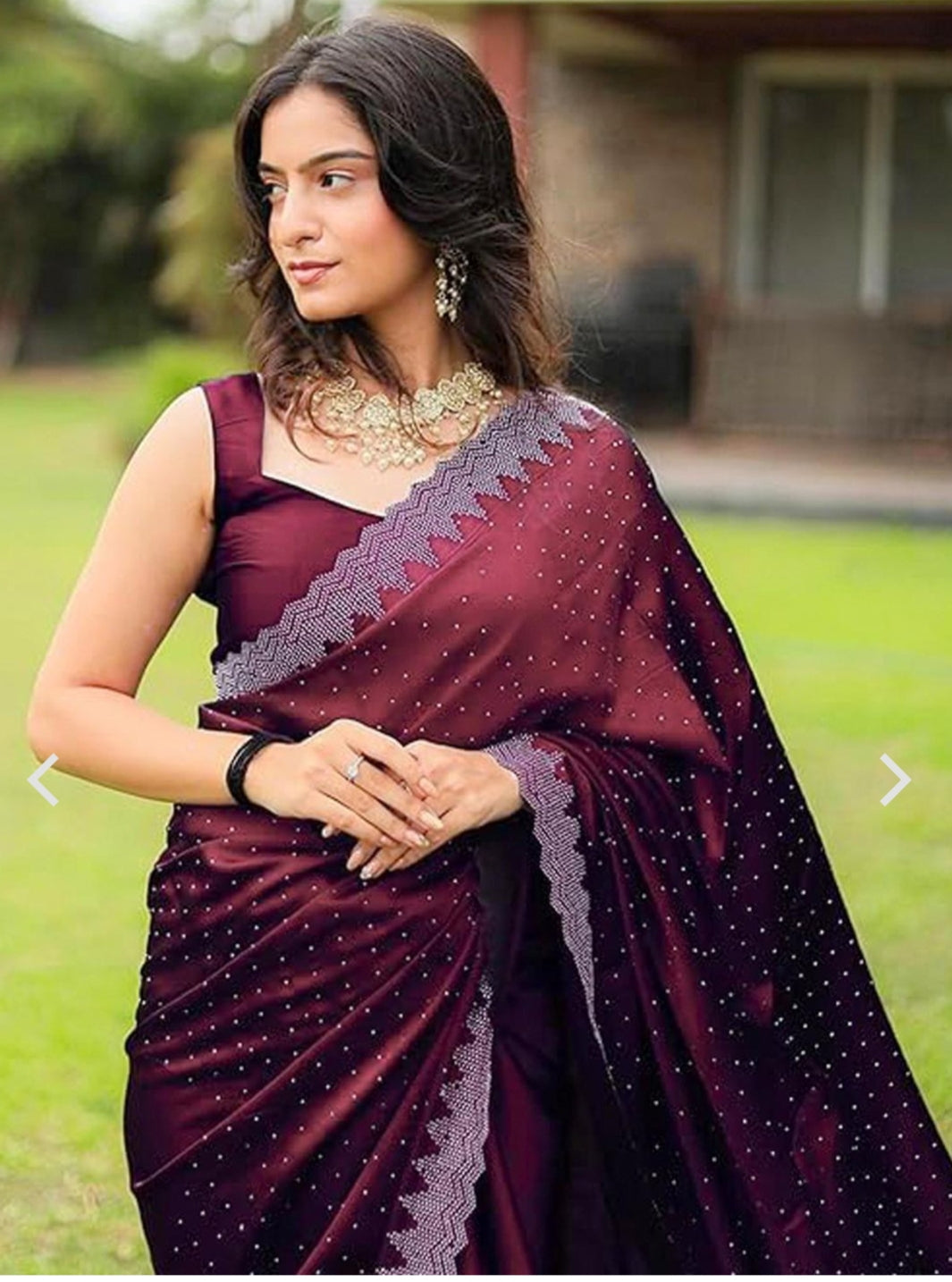 Designer Pure Satin Silk Cut Work Siroski border work saree and Siroski work matching blouse