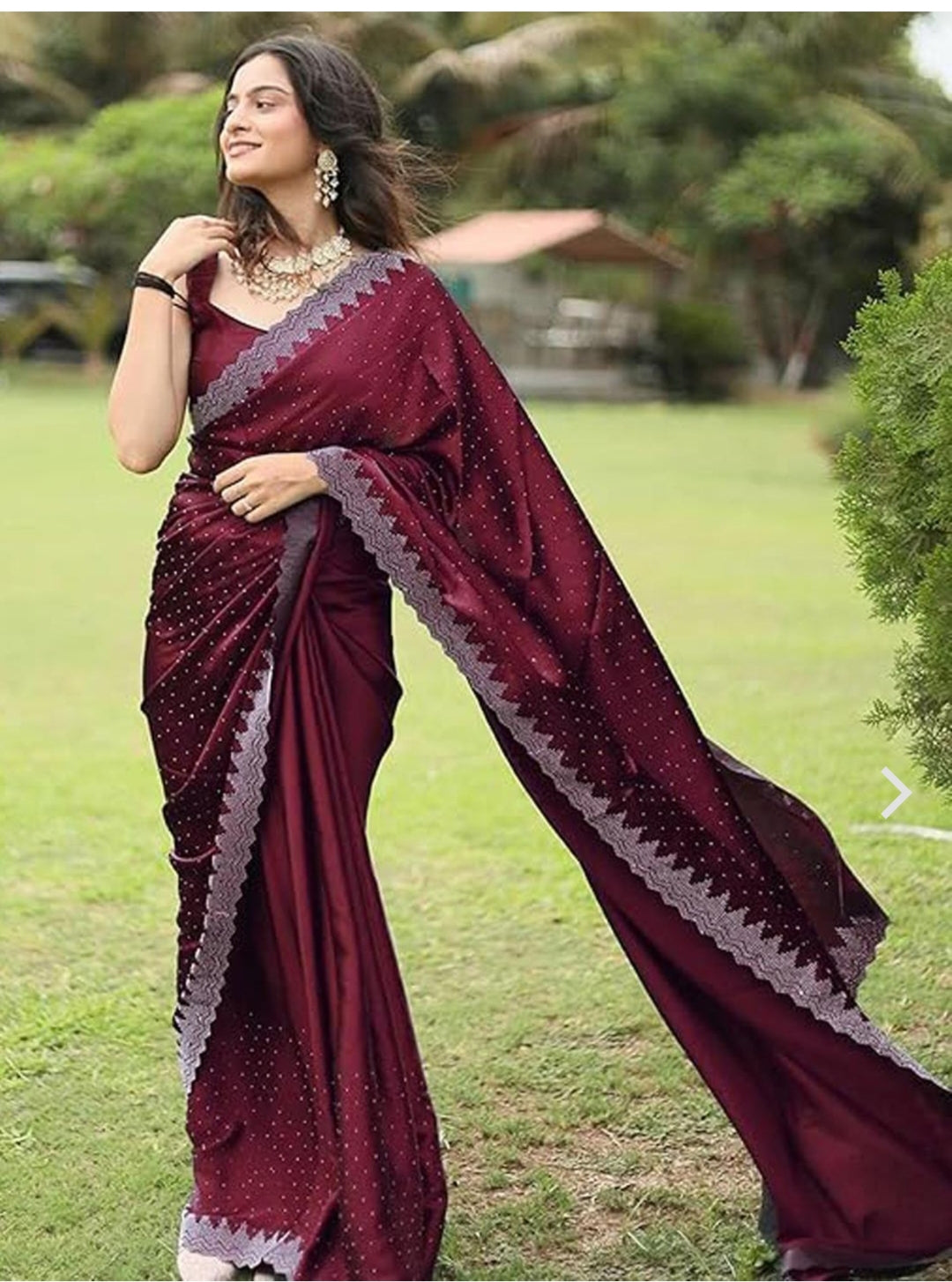 Designer Pure Satin Silk Cut Work Siroski border work saree and Siroski work matching blouse