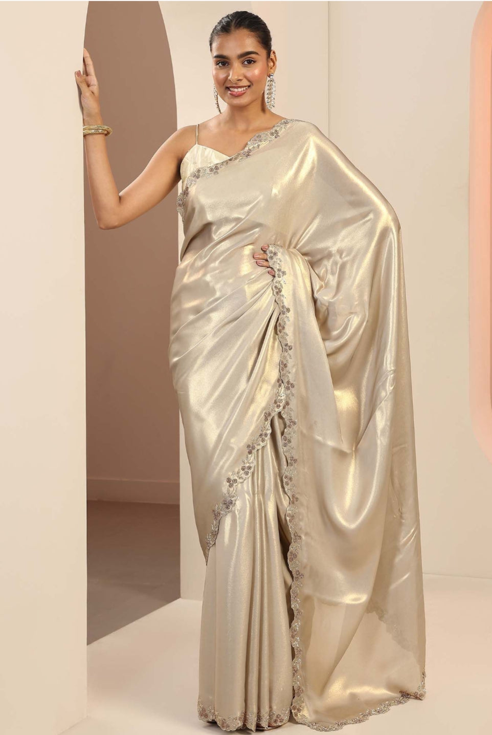 Exclusive Designer Pure Satin Silk Cut Work Siroski border work saree and Siroski work matching blouse