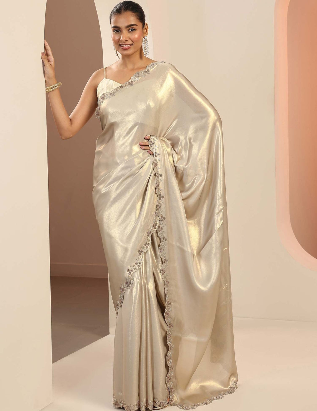 Exclusive Designer Pure Satin Silk Cut Work Siroski border work saree and Siroski work matching blouse