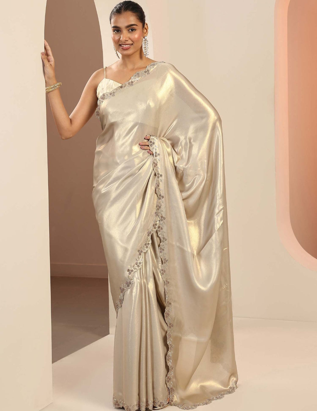 Exclusive Designer Pure Satin Silk Cut Work Siroski border work saree and Siroski work matching blouse