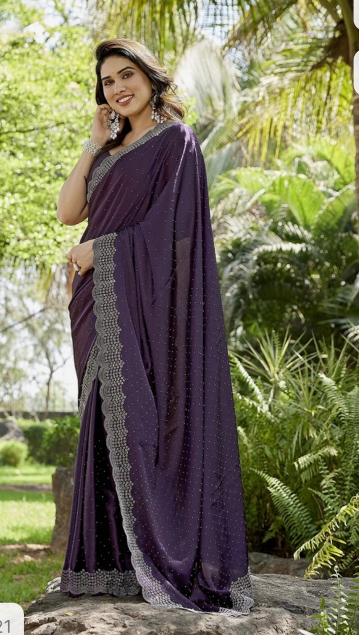 Designer Satin Silk Saree Siroski Stone Work with Cut Work Border   K-32-Necklece bodar work purple
