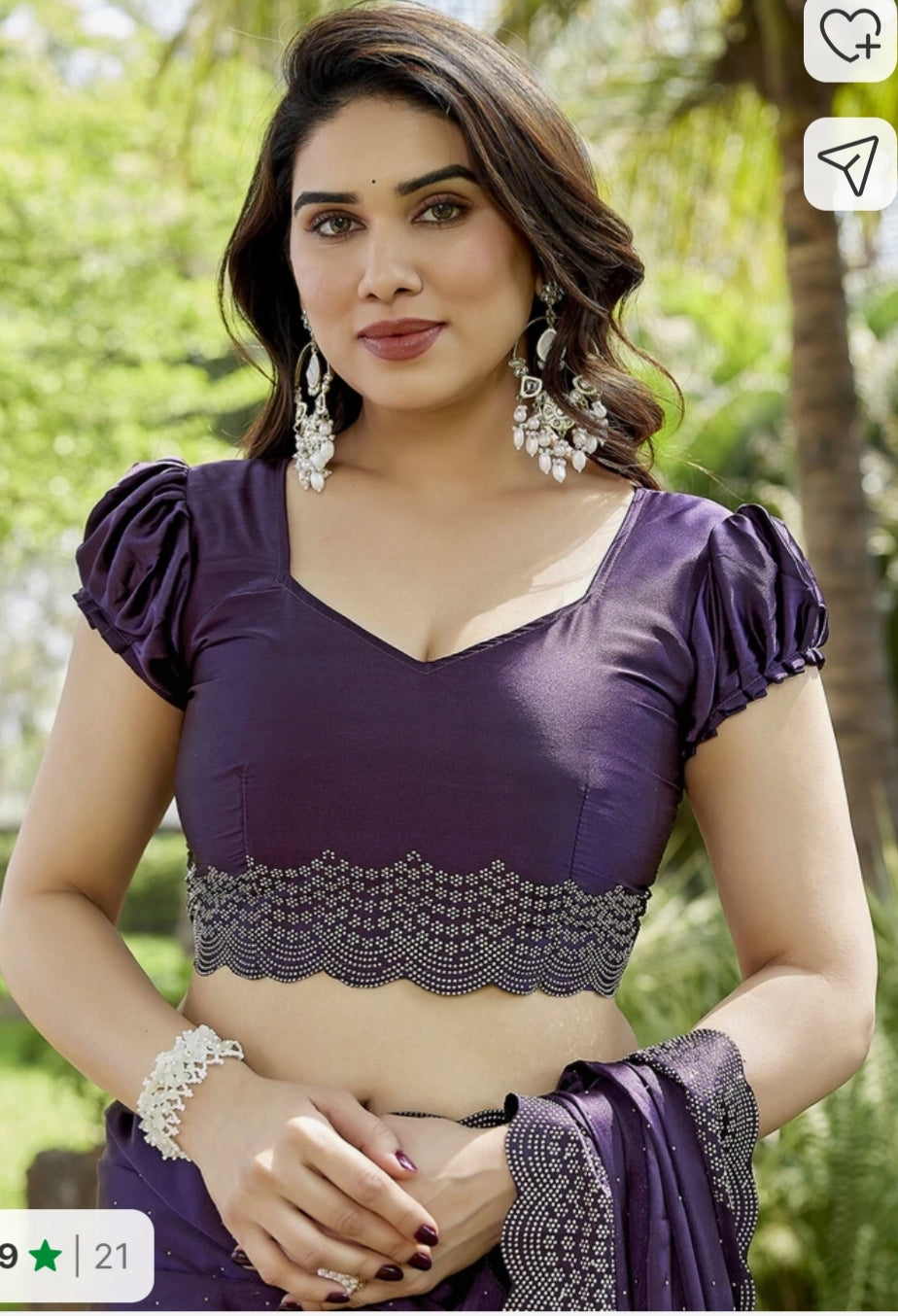 Designer Satin Silk Saree Siroski Stone Work with Cut Work Border   K-32-Necklece bodar work purple