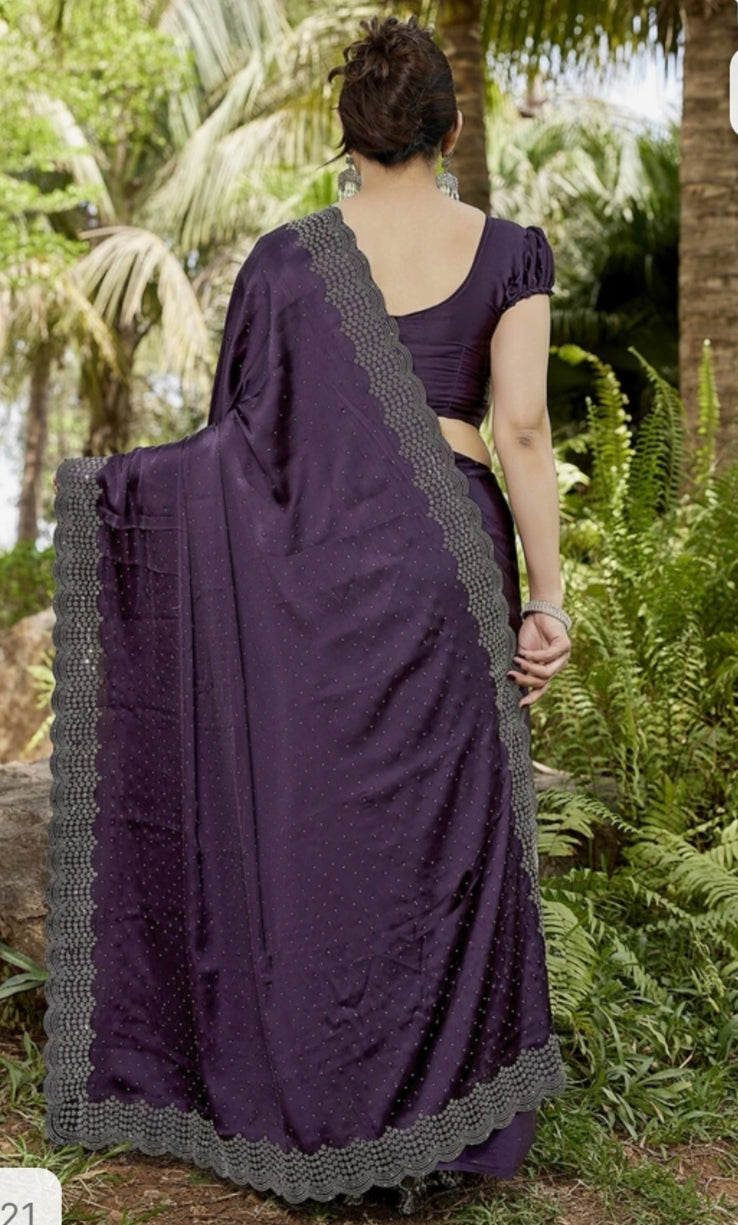 Designer Satin Silk Saree Siroski Stone Work with Cut Work Border   K-32-Necklece bodar work purple