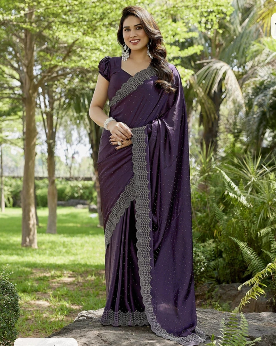 Designer Satin Silk Saree Siroski Stone Work with Cut Work Border   K-32-Necklece bodar work purple