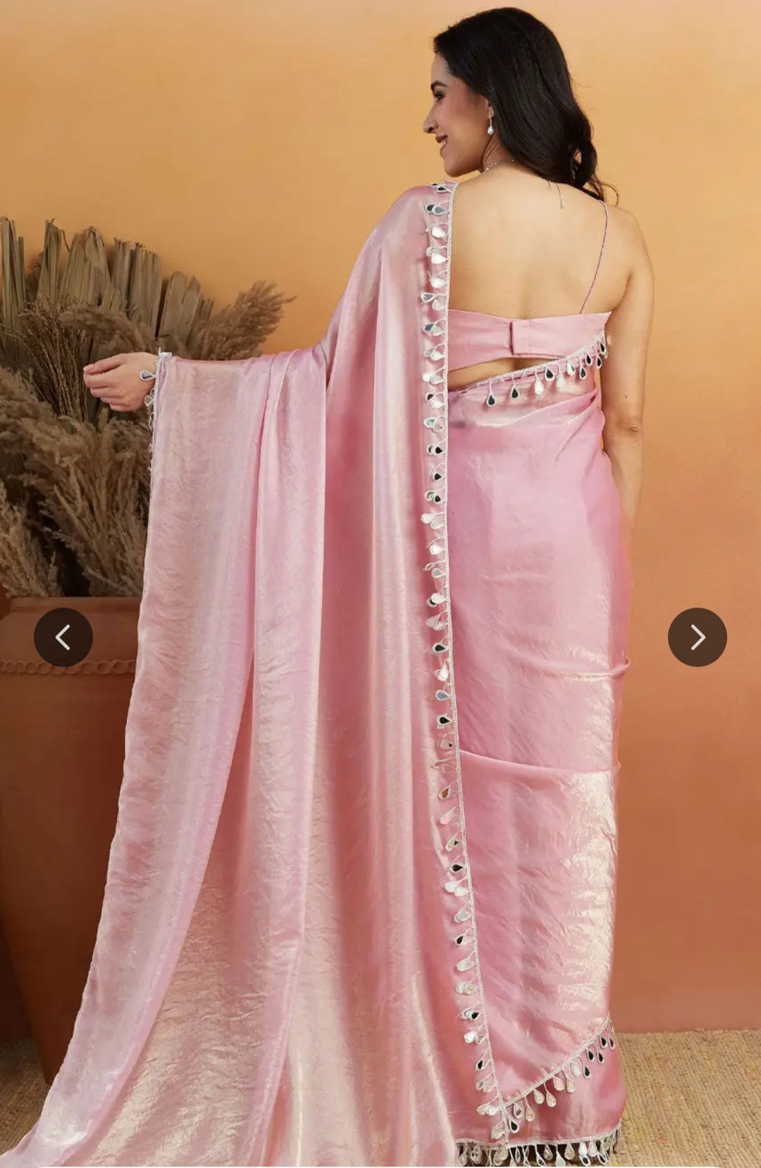 Women's Pastel Pink Colors Satin sillk Mirror And less Work Saree With Blouse Piece .80 meter