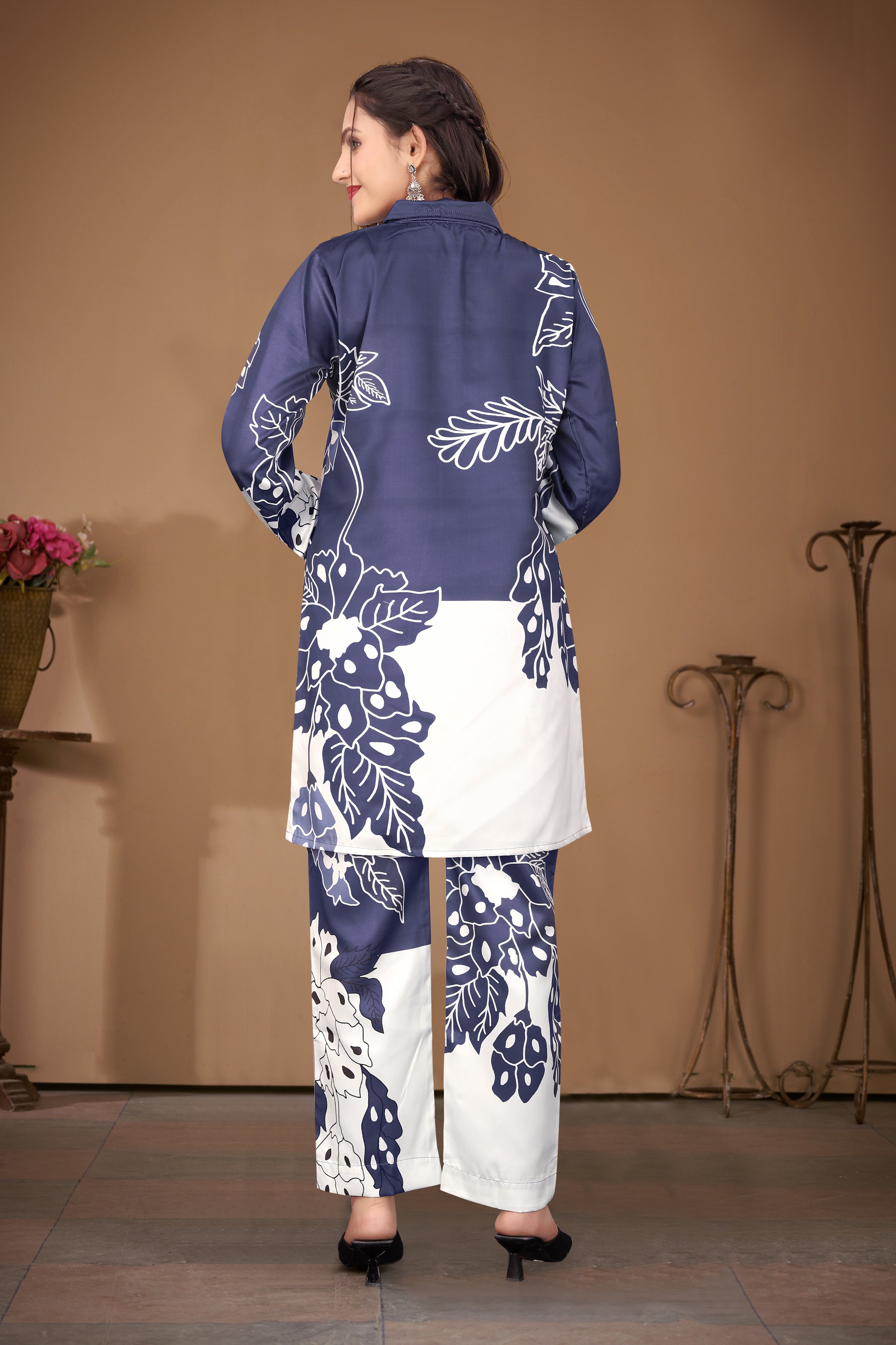 Women's Satin silk Blend Newy Blue Printed -Round Neck Co-ord Set | Daily & Casual Wear
