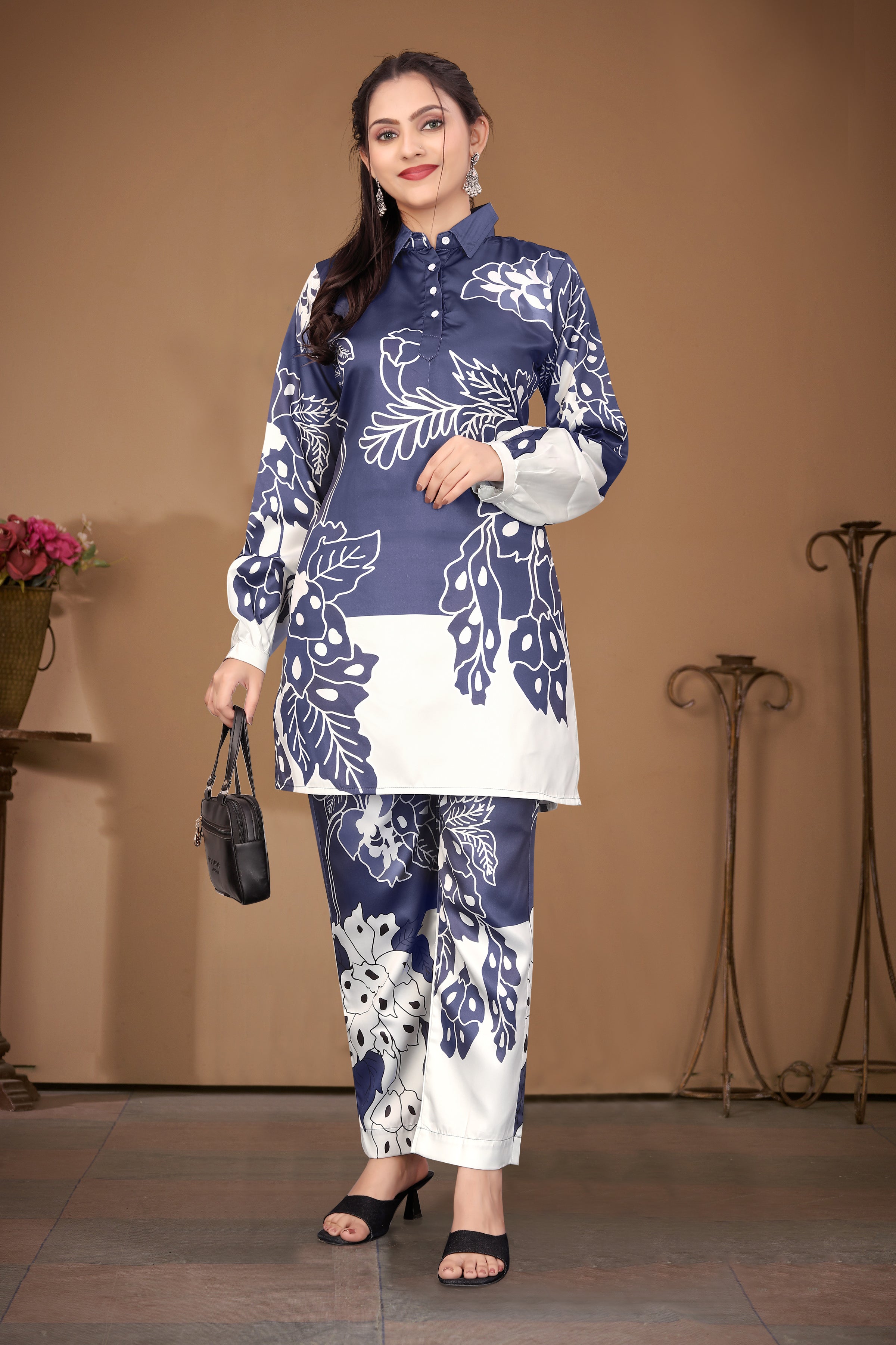 Women's Satin silk Blend Newy Blue Printed -Round Neck Co-ord Set | Daily & Casual Wear