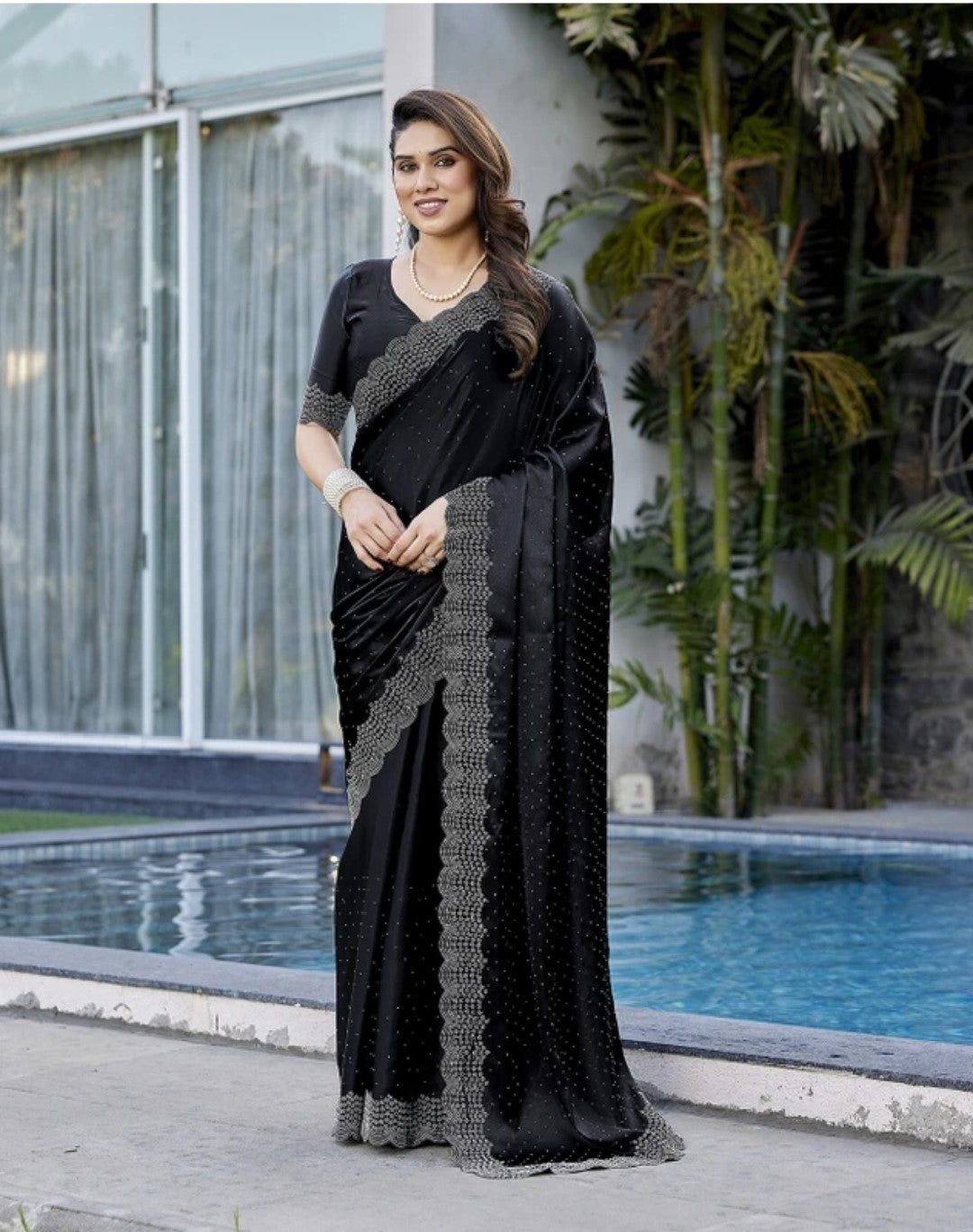 Luxury Satin Silk Saree with Siroski Stone Work for Wedding & PartyK-32-Necklece bodar work Black