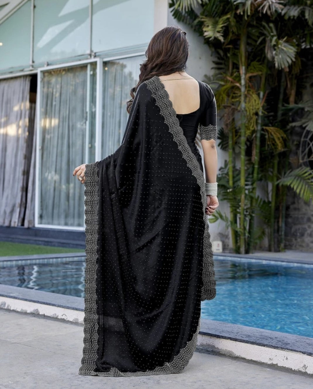 Luxury Satin Silk Saree with Siroski Stone Work for Wedding & PartyK-32-Necklece bodar work Black