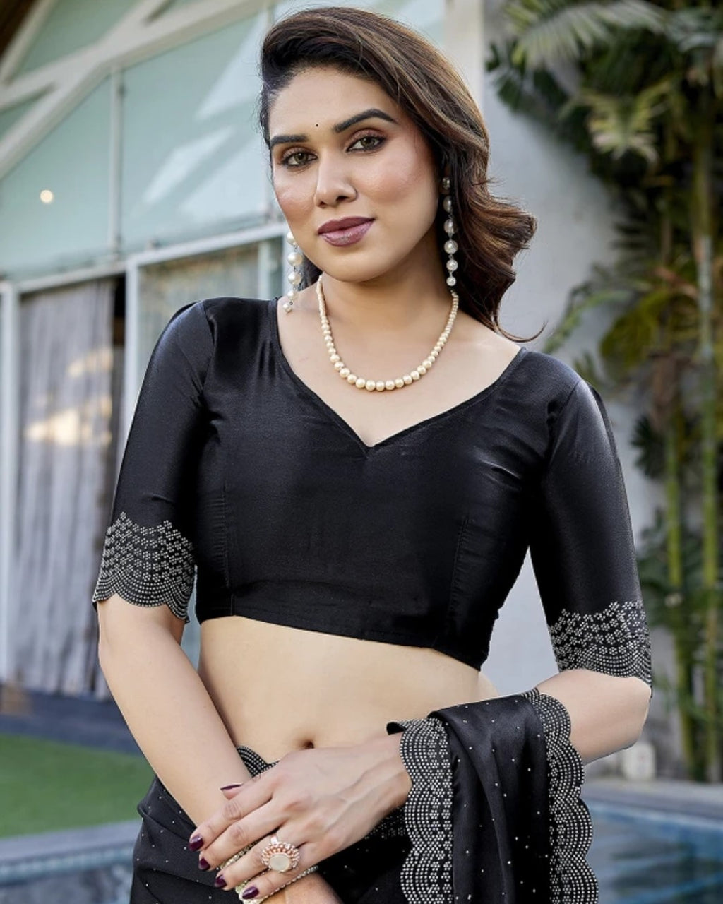 Luxury Satin Silk Saree with Siroski Stone Work for Wedding & PartyK-32-Necklece bodar work Black