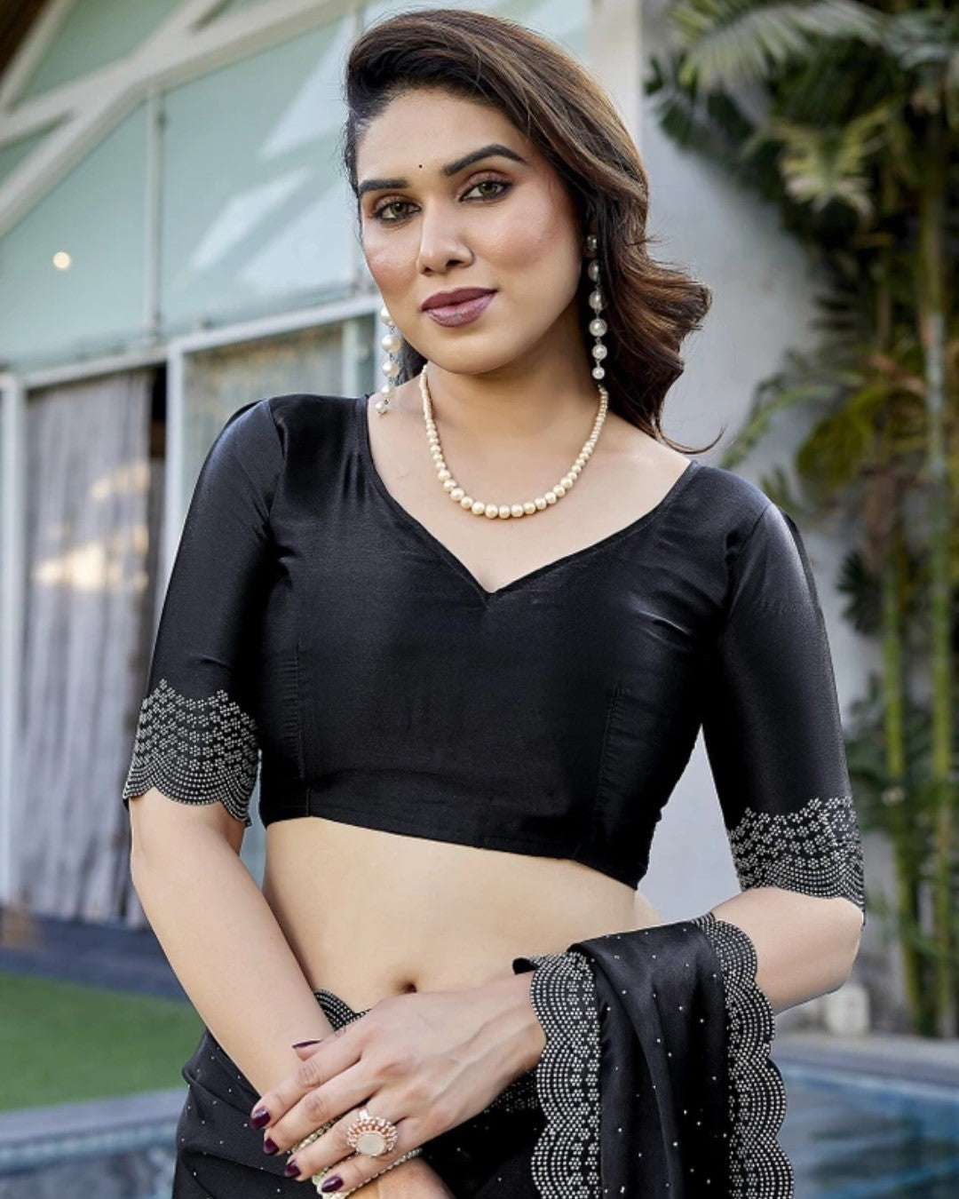 Luxury Satin Silk Saree with Siroski Stone Work for Wedding & PartyK-32-Necklece bodar work Black