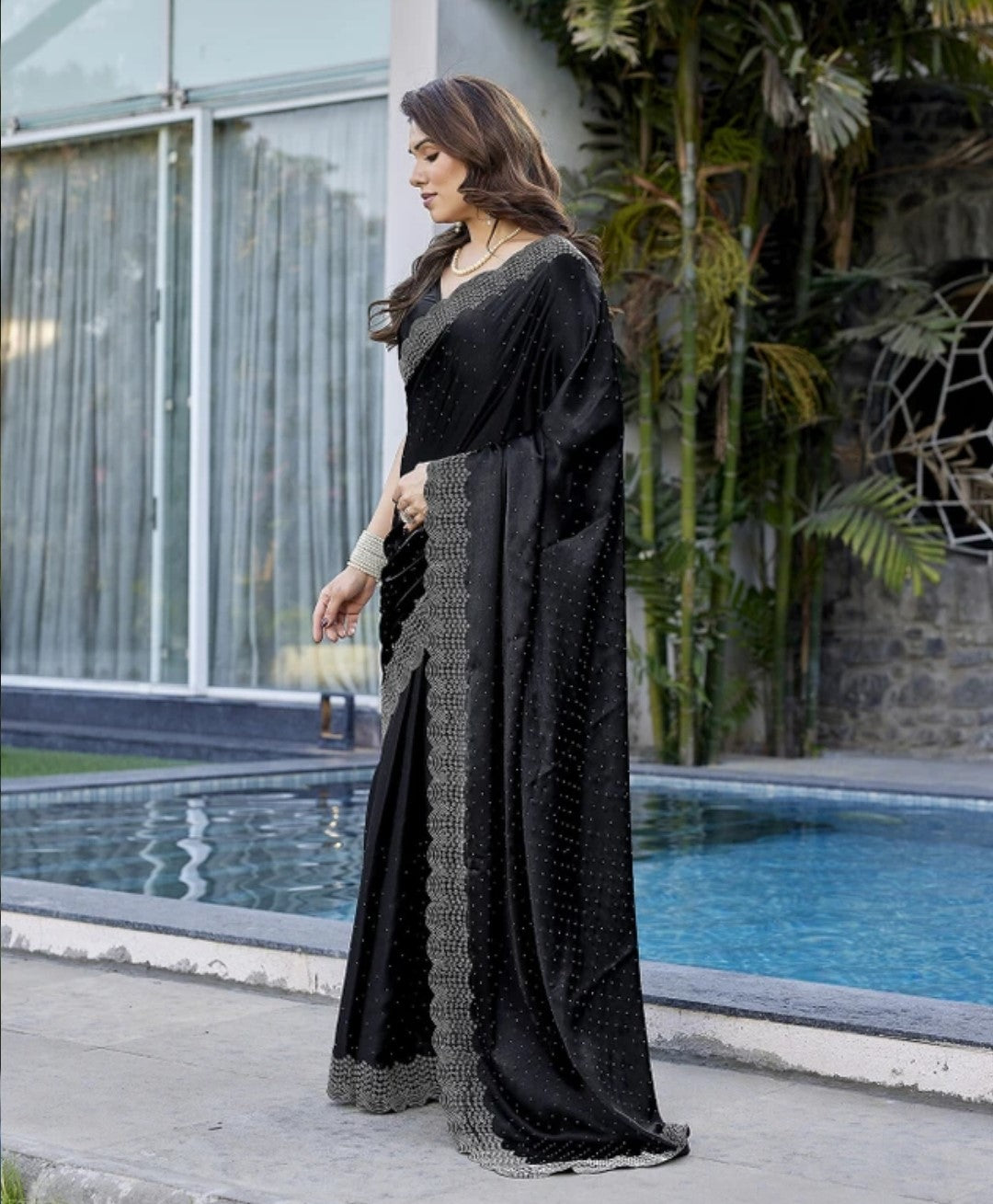 Luxury Satin Silk Saree with Siroski Stone Work for Wedding & PartyK-32-Necklece bodar work Black